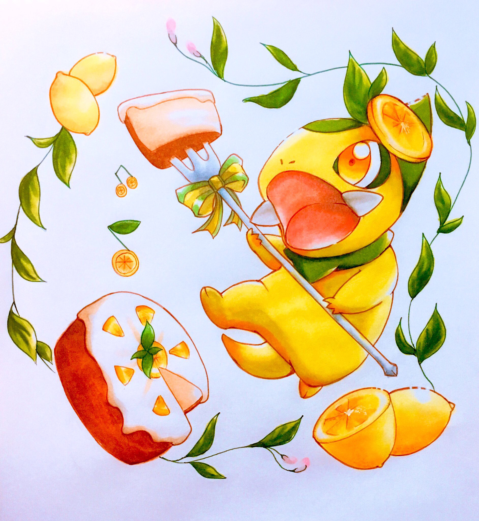 fy draw, axew, nintendo, pokemon, commentary request, highres, painting (medium), traditional media, watercolor (medium), animal focus, cake, cake slice, food, fork, fruit, full body, gen 5 pokemon, holding, holding fork, leaf, lemon, lemon slice, musical note, no humans, nostrils, open mouth, pokemon (creature), simple background, solo, white background