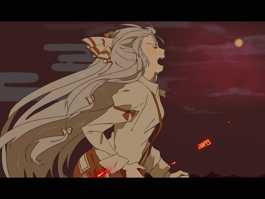 hizu, noise (hakusen), fujiwara no mokou, touhou, silver hair, 1girl, closed eyes, crying, female focus, hair ribbon, letterboxed, long hair, ribbon, solo, suspenders, tears