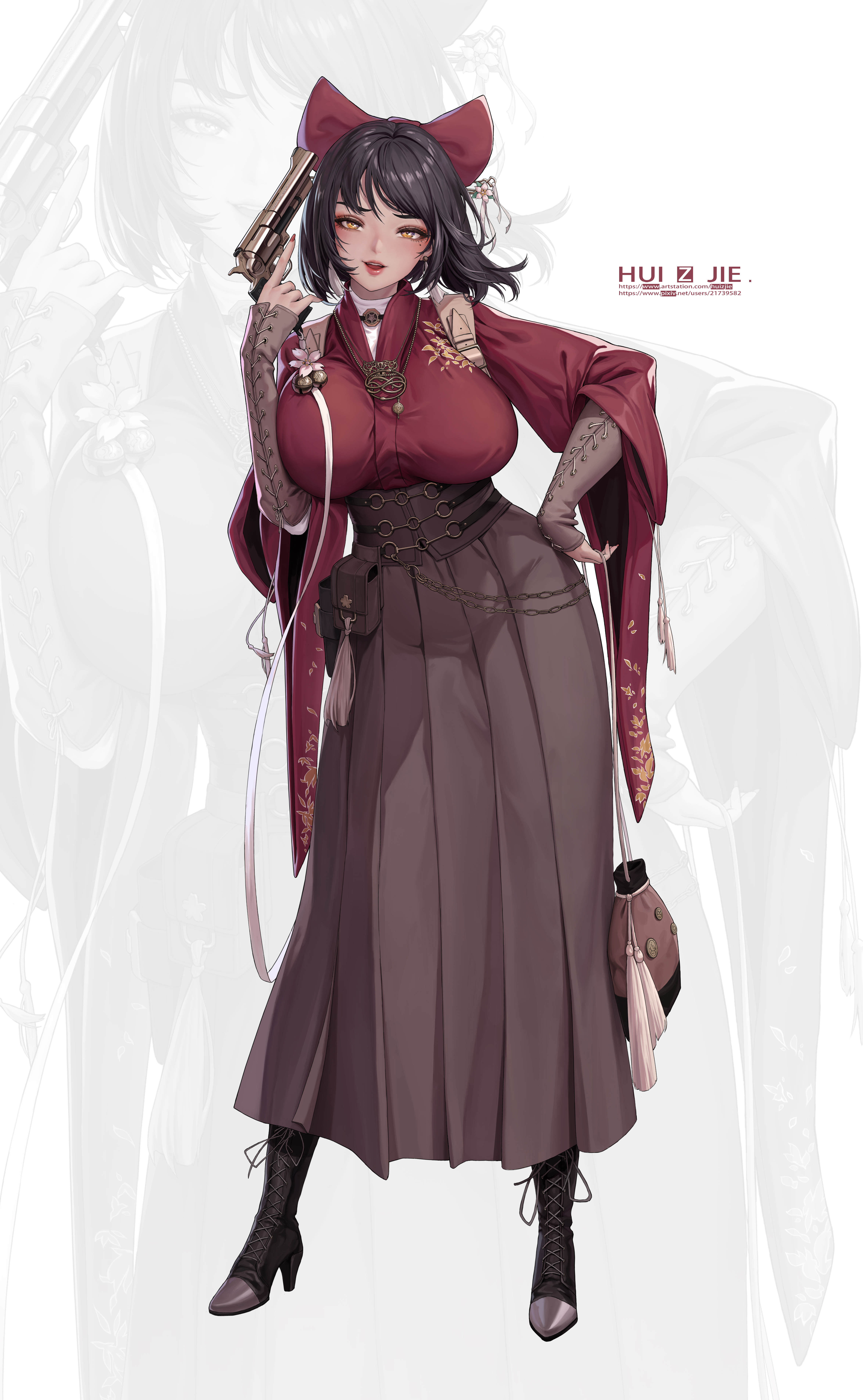 hui z jie, original, absurdres, commentary request, highres, variant set, 1girl, artist name, black boots, black hair, boots, bow, breasts, brown skirt, contrapposto, full body, gun, hair bow, handgun, high heel boots, high heels, holding, holding gun, holding weapon, japanese clothes, kimono, lace-up boots, large breasts, long skirt, long sleeves, looking at viewer, medium hair, parted lips, pleated skirt, red bow, red kimono, revolver, skirt, solo, weapon, yellow eyes