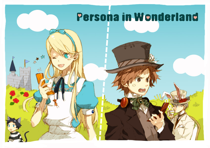 houhou (black lack), alice (alice in wonderland), cheshire cat (alice in wonderland), hanamura yousuke, kuma (persona 4), mad hatter (alice in wonderland), march hare (wonderland), narukami yu, pharos, white rabbit (alice in wonderland), alice's adventures in wonderland, atlus, persona, persona 3, persona 4, striped, bad id, bad pixiv id, 1girl, 3boys, alice (alice in wonderland) (cosplay), angry, animal ears, apron, aqua eyes, black hair, blazer, blonde hair, blue eyes, blush, bow, bowtie, brick, brooch, brown eyes, brown hair, bush, buttons, card, card on hat, castle, cat ears, cat tail, cellphone, cellphone charm, cellphone strap, chair, charm (object), cheshire cat (cosplay), cloud, cosplay, crossdressing, cup, dress, dress shirt, flag, flower, formal clothes, frills, garden, grey eyes, grey hair, hairband, handkerchief, happy, hat, headband, headphones, headphones around neck, heart, jacket, jewelry, long hair, mad hatter (alice in wonderland) (cosplay), mortar wall, multiple boys, neck, necktie, one eye closed, open mouth, pajamas, parody, pastels, phone, rabbit ears, ribbon, rose, shirt, short hair, sky, smile, star (symbol), steam, stitches, suit, tail, tea, teacup, teeth, text focus, text messaging, tongue, top hat, tower, trap, vest, white rabbit (cosplay), window, wink
