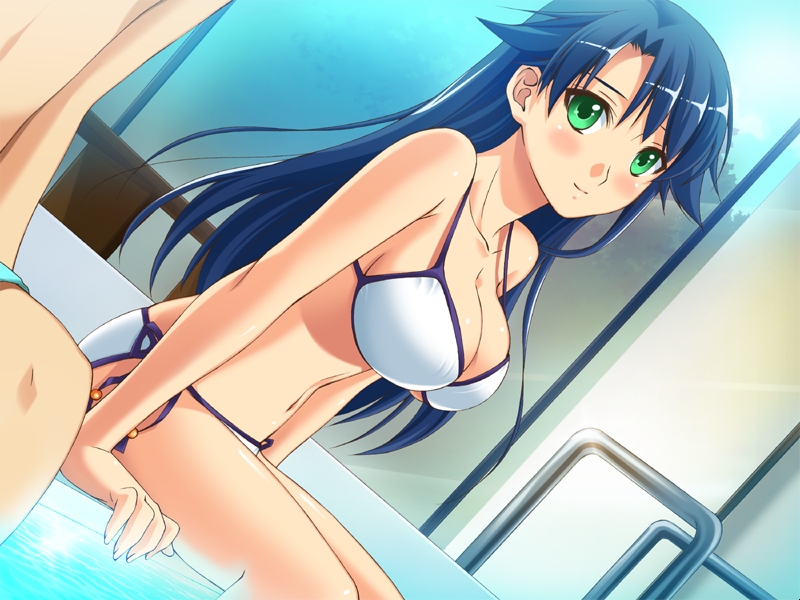 bomi, miyuki fuyu, tobu yagi wa sakasama no ki no yume wo miruka, game cg, non-web source, 1boy, 1girl, bikini, blue hair, blush, breasts, cleavage, dutch angle, green eyes, indoors, large breasts, legs, long hair, pool, pool ladder, poolside, side-tie bikini bottom, sitting, smile, soaking feet, solo focus, swimsuit, thighs, white bikini, window