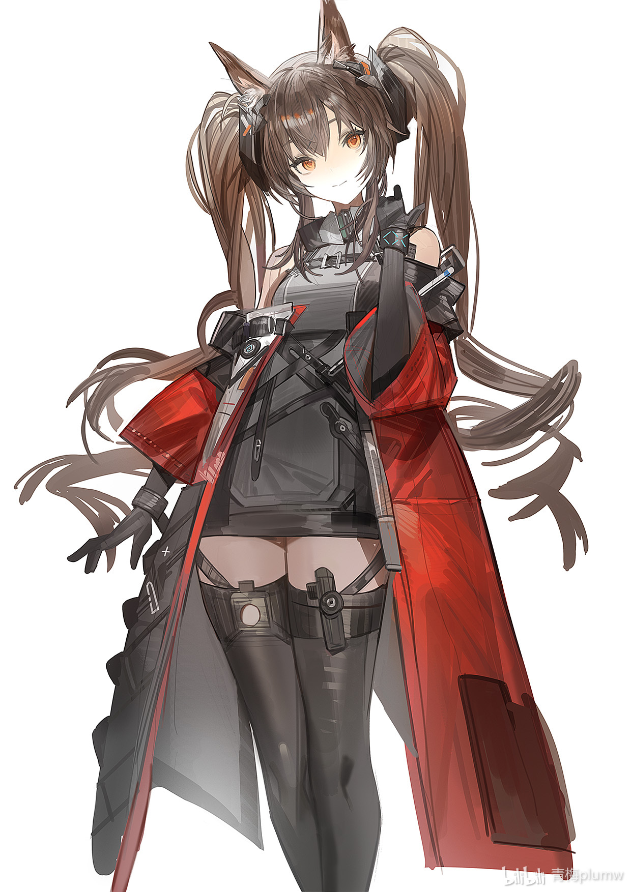 plumw, angelina (arknights), gilberta (arknights), infection monitor (arknights), arknights, arknights: endfield, highres, 1girl, animal ear fluff, animal ears, artist name, bare shoulders, bilibili logo, black gloves, black thighhighs, blush, bracelet, breasts, brown hair, closed mouth, coat, dot nose, dress, drill hair, elbow gloves, feet out of frame, fox ears, fox girl, gloves, grey dress, hair between eyes, hair ornament, hand up, head tilt, high collar, jewelry, light blush, light smile, long hair, long sleeves, looking at viewer, medium breasts, no tail, off shoulder, open clothes, open coat, orange eyes, pencil dress, red coat, short dress, simple background, sketch, sleeveless, sleeveless dress, solo, standing, thighhighs, thighs, three-quarter sleeves, twintails, very long hair, watermark, white background, wide sleeves, zettai ryouiki