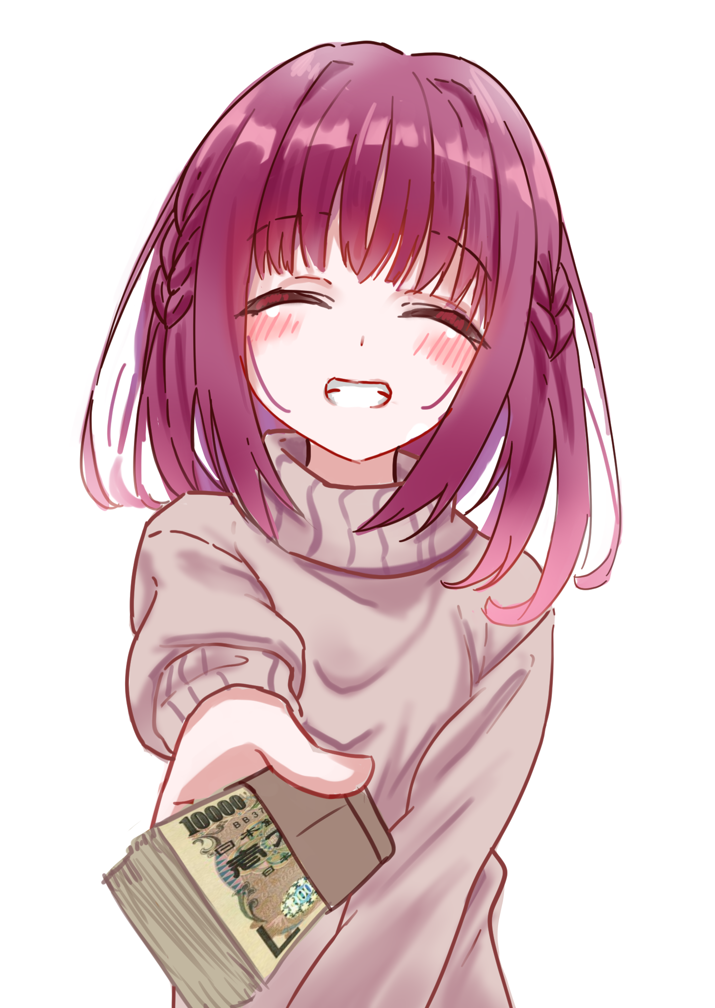 charcoa72170283, limelight lemonade jam, commentary request, highres, 1girl, :d, ^ ^, banknote, blush, braid, brown sweater, closed eyes, facing viewer, futamihara ririko, grin, hair intakes, happy, holding, holding money, long sleeves, medium hair, money, open mouth, reaching, reaching towards viewer, red hair, side braids, simple background, smile, solo, sweater, turtleneck, turtleneck sweater, upper body, white background