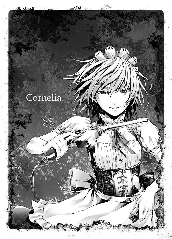 gou (double trigger), original, 1girl, female focus, greyscale, gun, handgun, maid, maid headdress, mauser c96, monochrome, pistol, short hair, solo, trigger discipline, weapon