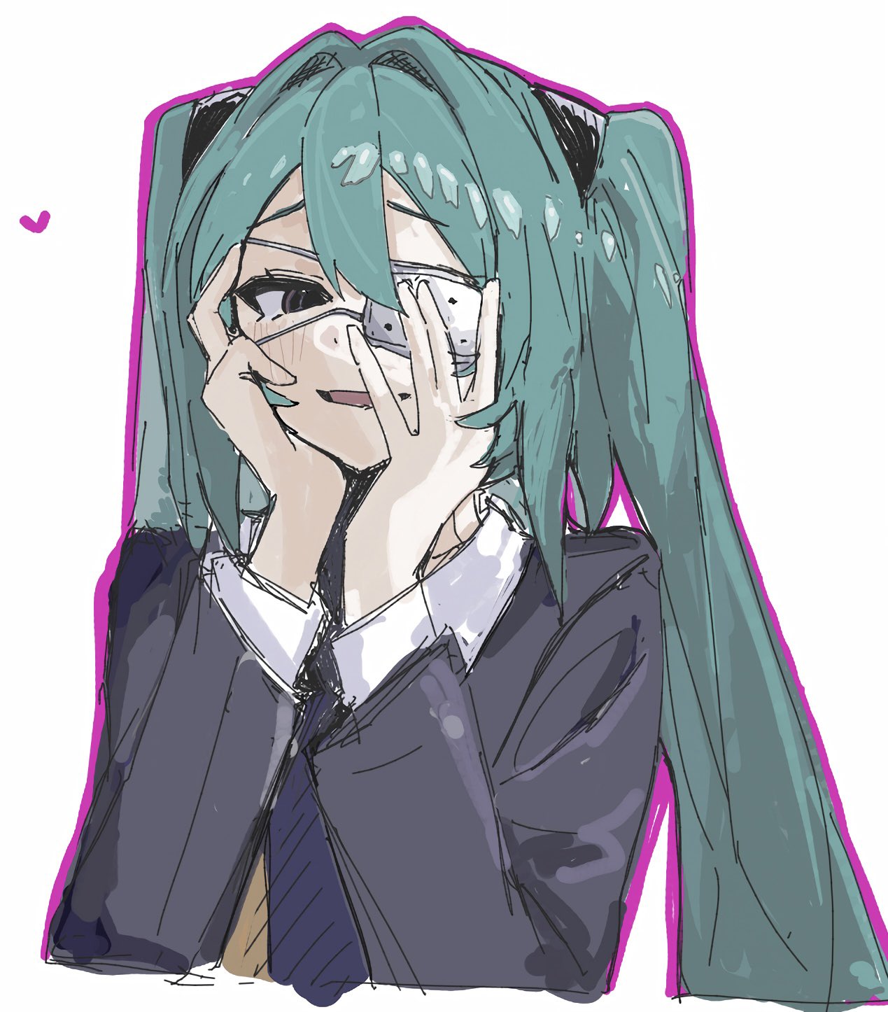n nai nai n, hatsune miku, monitoring (vocaloid), vocaloid, highres, 1girl, aqua hair, black jacket, blush, eyepatch, hair between eyes, hair intakes, hands on own face, heart, jacket, long hair, long sleeves, open mouth, simple background, solo, twintails, upper body, white background