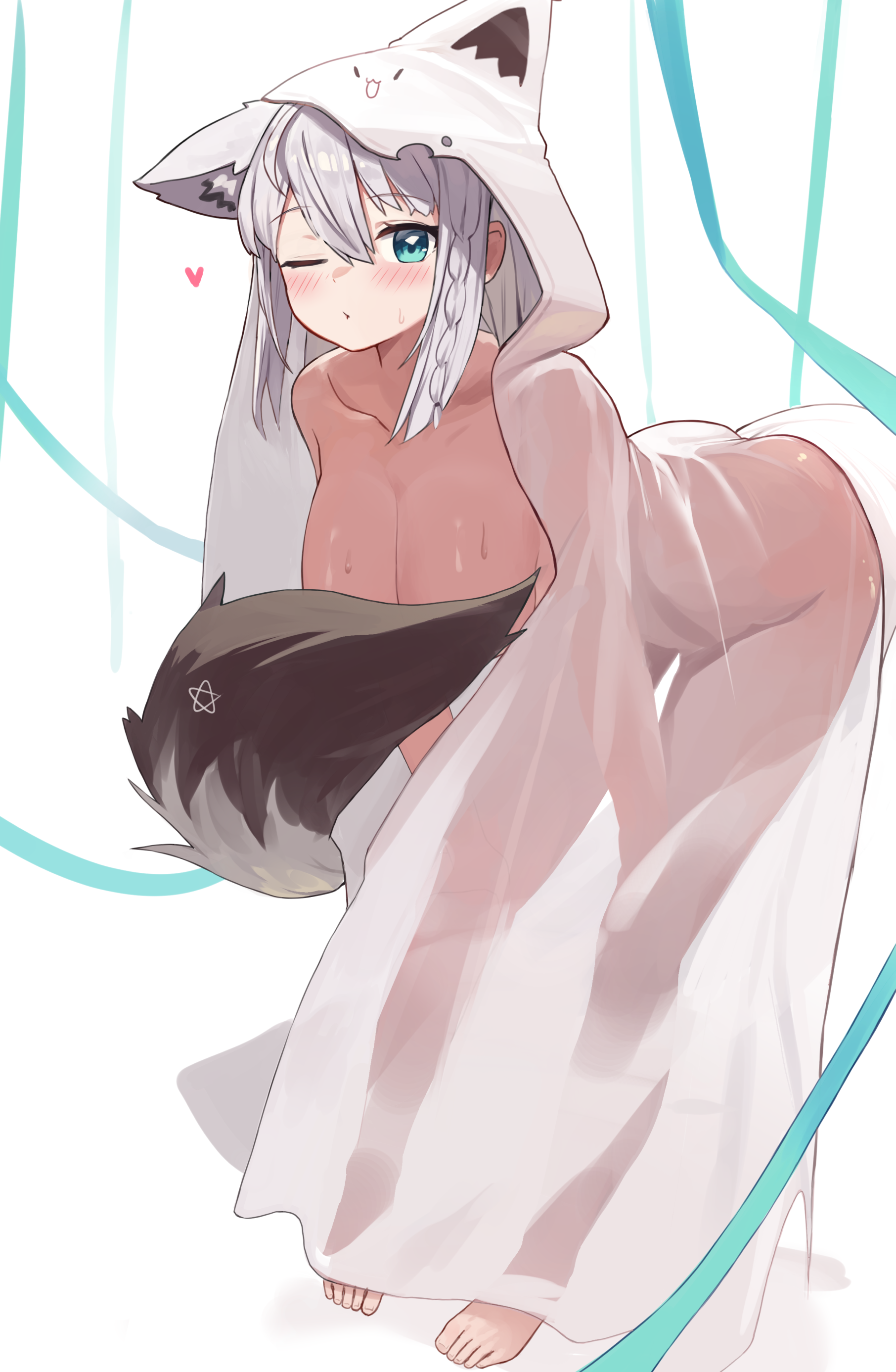 woogi (duguddnr), shirakami fubuki, hololive, absurdres, commentary request, highres, paid reward available, 1girl, animal ears, blue eyes, braid, breasts, covering breasts, covering privates, fox ears, fox girl, fox tail, large breasts, looking at viewer, nude, one eye closed, see-through clothes, single braid, solo, standing, tail, virtual youtuber
