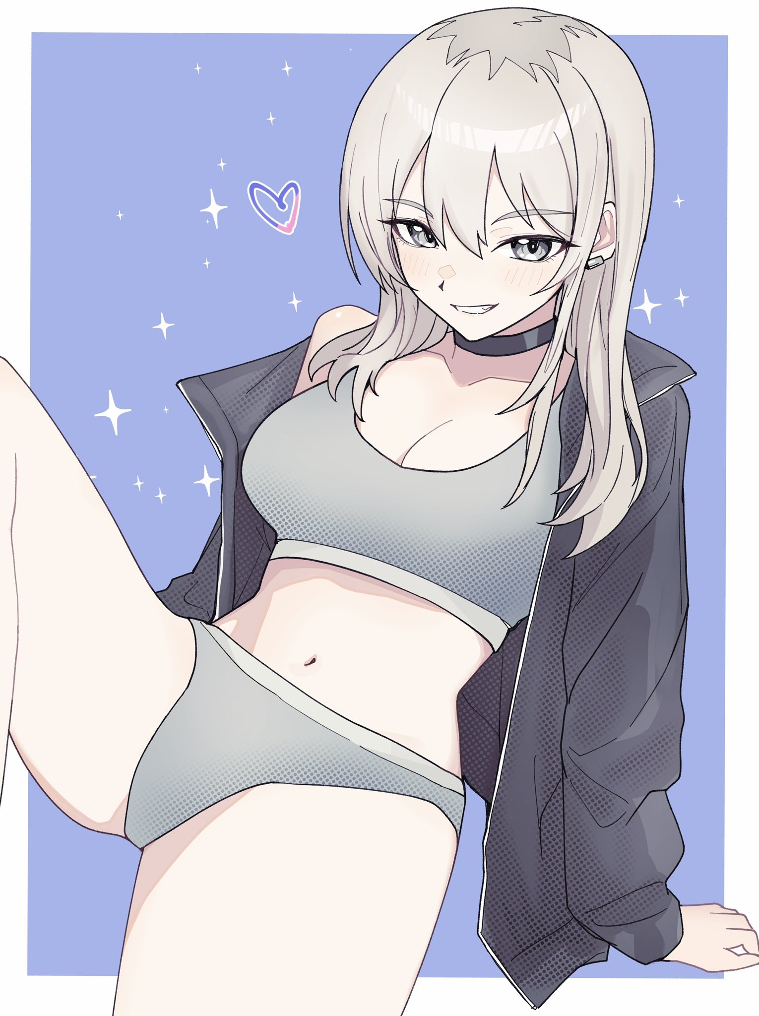 n nai nai n, kawaragi momoka, girls band cry, highres, 1girl, black choker, black jacket, blue background, blush, border, bra, breasts, choker, cleavage, clenched teeth, earclip, grey bra, grey hair, grey panties, hair between eyes, heart, jacket, large breasts, long hair, looking at viewer, multicolored hair, navel, open clothes, open jacket, outside border, panties, roots (hair), sidelocks, solo, spread legs, stomach, teeth, underwear, white border