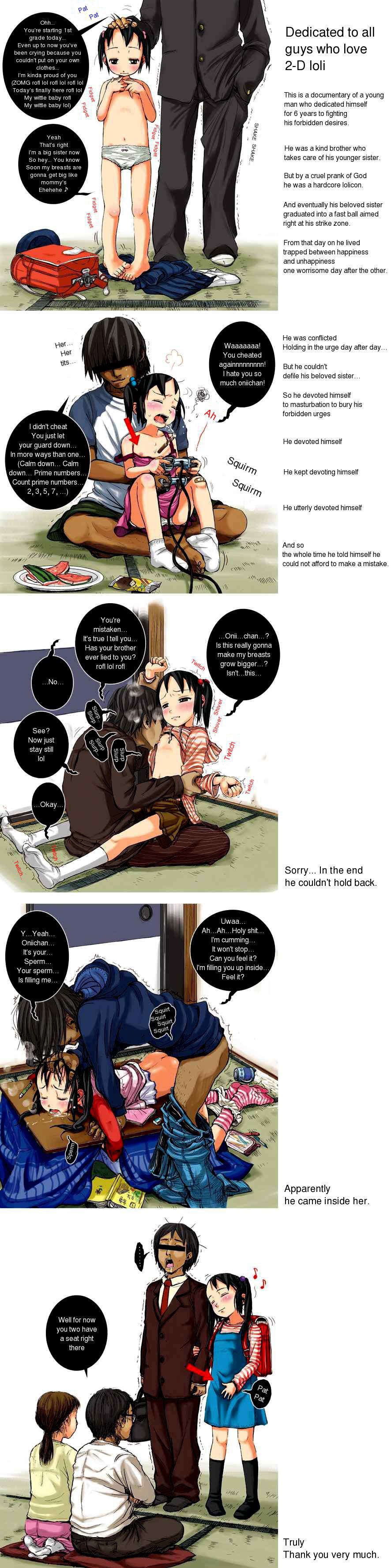 gomennasai, original, black legwear, hand on head, striped legwear, white legwear, absurdres, highres, jpeg artifacts, long image, tall image, translated, ass, backpack, bag, bar censor, barefoot, black eyes, black hair, blush, bottomless, breast sucking, brother and sister, censored, comic, cum, cum in pussy, feet, flat chest, food, fruit, gakuran, grabbing another's hair, holding another's hair, hood, hoodie, impregnation, incest, kotatsu, licking, loli, navel, nipple slip, nipples, panties, panty pull, pantyshot, pregnant, raglan sleeves, randoseru, saliva, school uniform, serafuku, sex, short hair, shorts, siblings, socks, strap slip, table, tatami, toes, topless female, twintails, uncensored, underwear, vaginal, watermelon
