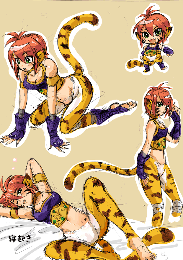 katt (breath of fire), breath of fire, breath of fire ii, 1girl, animal ears, armor, bandages, barefoot, bottomless, cat ears, cat tail, chibi, green eyes, red hair, short hair, sketch, tail