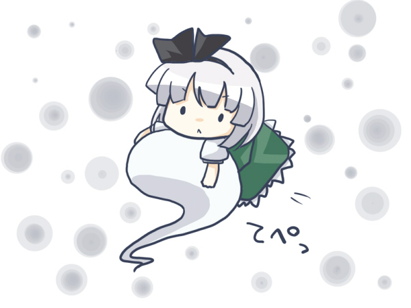 sakuramori sumomo, konpaku youmu, konpaku youmu (ghost), touhou, silver hair, bad id, bad pixiv id, 1girl, chibi, female focus, ghost, hairband, hitodama, short hair, solo