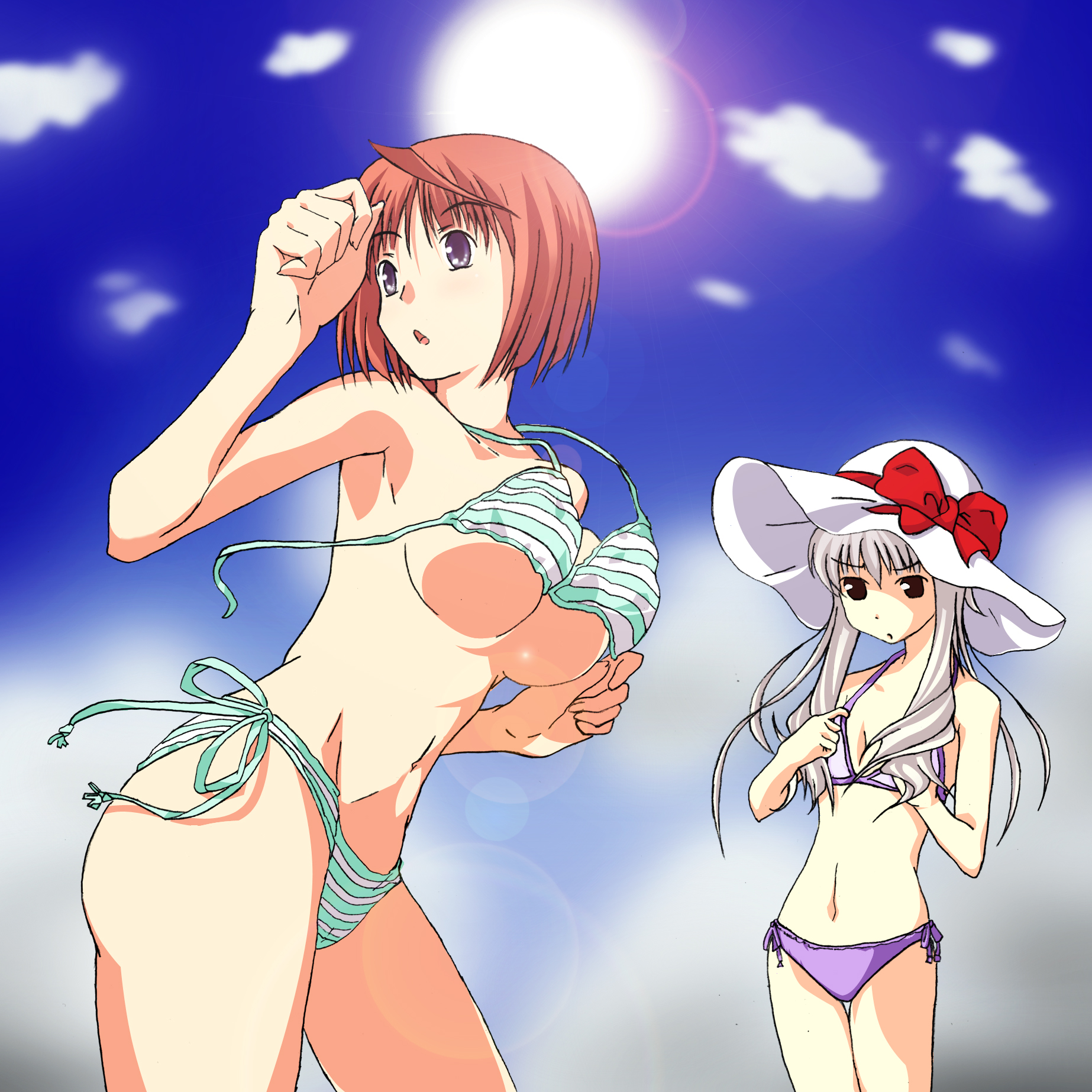 jinrekka, tsukishima koko, yukimura anzu, da capo, da capo ii, highres, 00s, bikini, breast envy, breasts, brown eyes, brown hair, day, hat, long hair, purple eyes, short hair, striped bikini, striped clothes, swimsuit, wardrobe malfunction, white hair