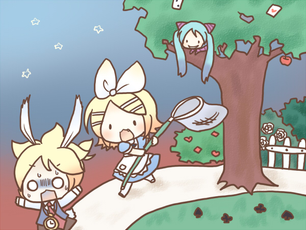 sakuramori sumomo, alice (alice in wonderland), cheshire cat (alice in wonderland), hatsune miku, kagamine len, kagamine rin, white rabbit (alice in wonderland), alice's adventures in wonderland, vocaloid, bad id, bad pixiv id, blonde hair, bow, butterfly net, chasing, chibi, cosplay, hand net, net, o o, short hair, tree, twintails