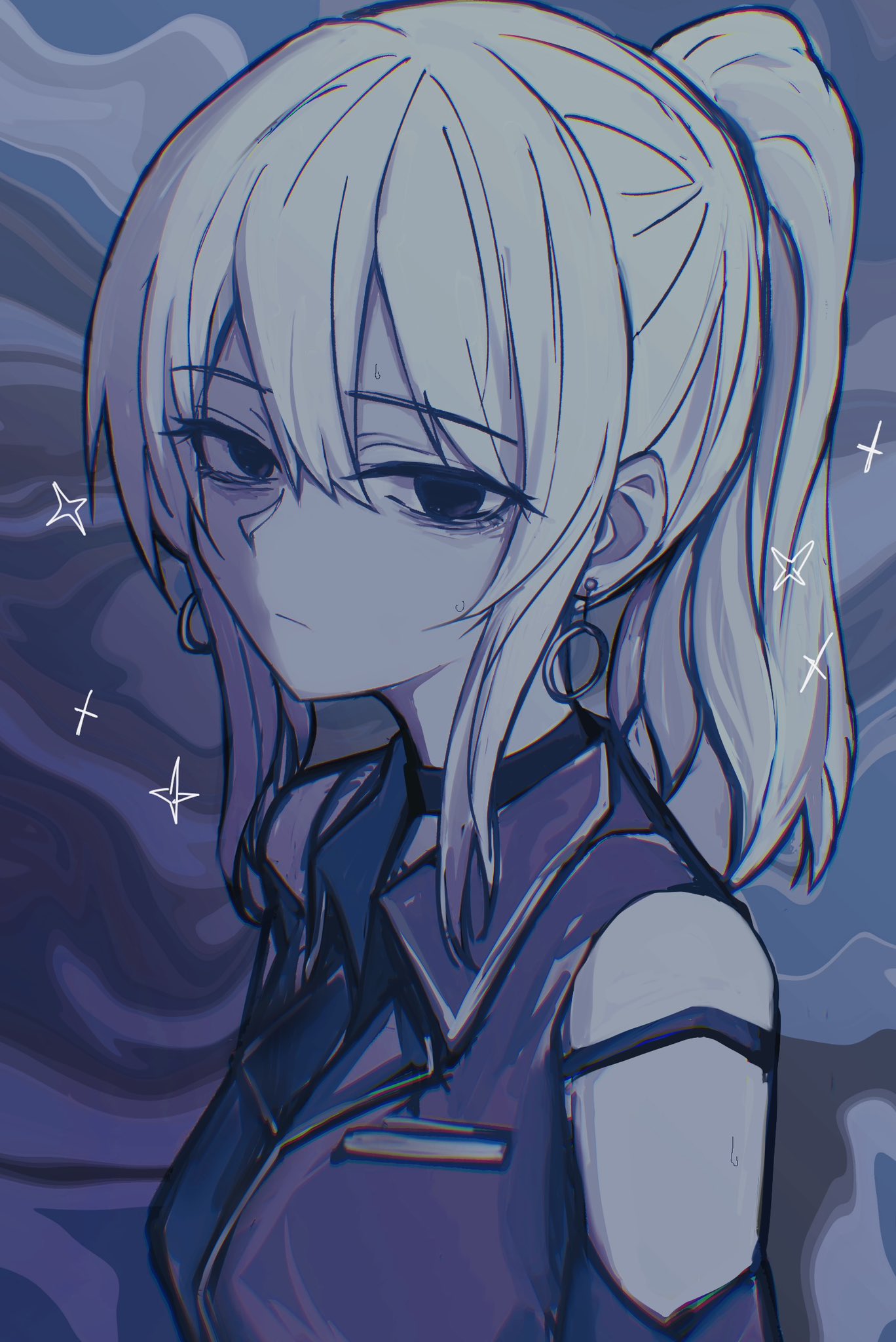 n nai nai n, kawaragi momoka, girls band cry, alt text, commentary request, highres, 1girl, black choker, choker, earrings, grey hair, hair between eyes, jewelry, long hair, looking at viewer, ponytail, sidelocks, solo, sweatdrop, upper body