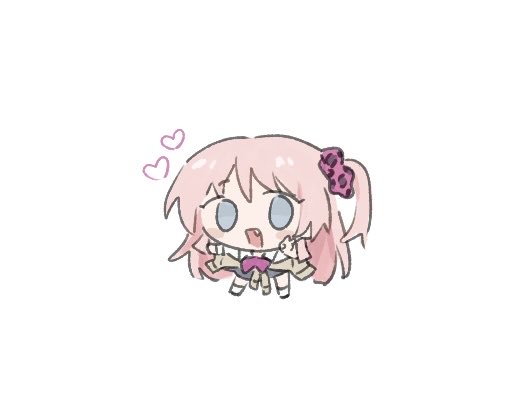 m (226mmy), chihaya anon, bang dream!, bang dream! it's mygo!!!!!, commentary, 1girl, brown cardigan, cardigan, cardigan around waist, clothes around waist, fang, grey eyes, gyaru, hair ornament, hair scrunchie, heart, long hair, one side up, open mouth, pink hair, scrunchie, simple background, solo, white background