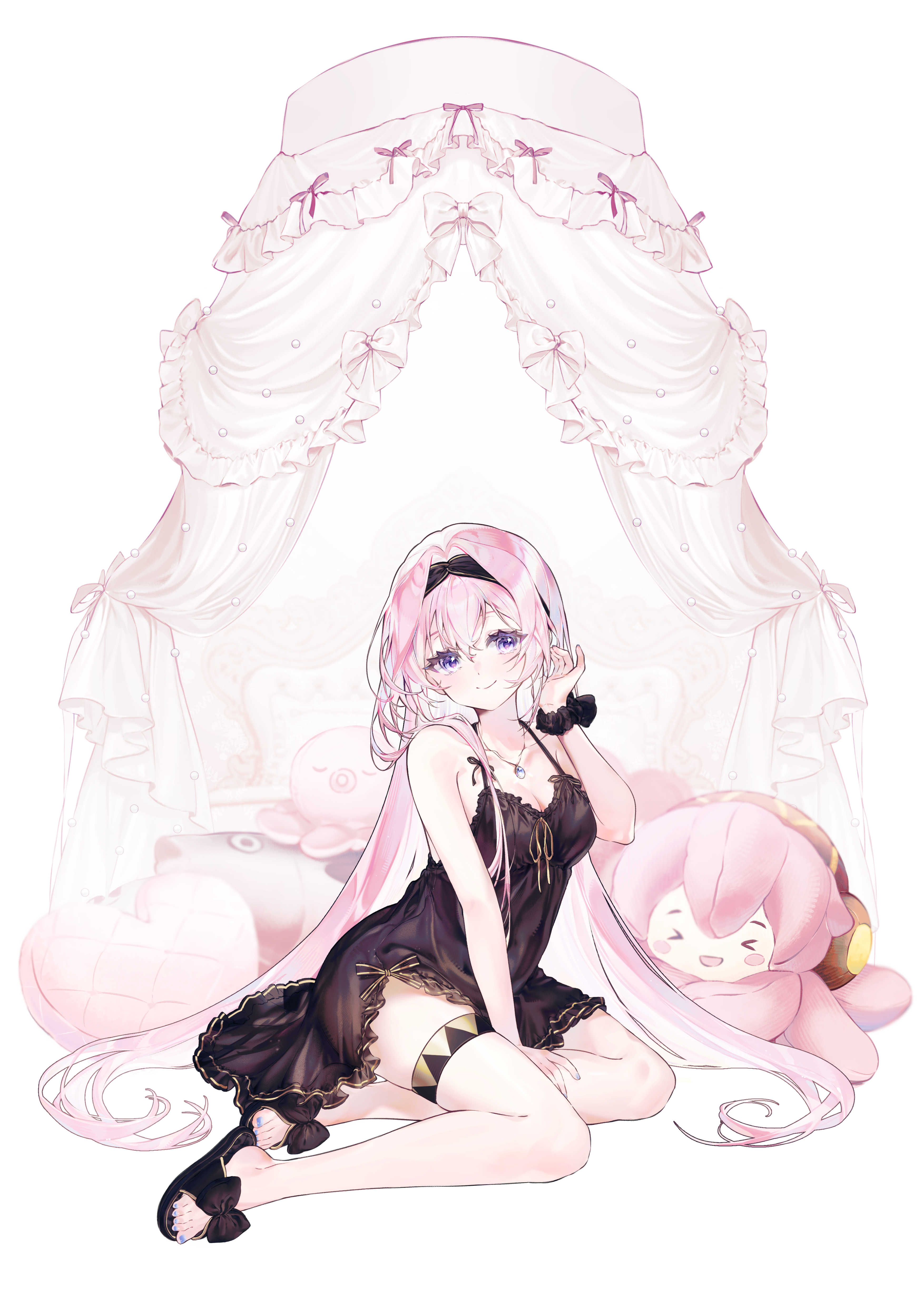 megurine luka, takoluka, vocaloid, absurdres, commentary request, highres, 1girl, adjusting hair, arm support, bare legs, bare shoulders, black dress, black hairband, black negligee, black scrunchie, black shoes, blue eyes, blue nails, breasts, character doll, cleavage, collarbone, curtains, doll, dress, full body, gold trim, hair between eyes, hair flowing over, hair intakes, hairband, hand up, head tilt, heart, heart-shaped pillow, jewelry, light blush, lingerie, long hair, long sidelocks, looking at viewer, medium breasts, pendant, pillow, pink hair, scrunchie, shoes, sidelocks, sitting, sleeveless, slippers, smile, solo, spaghetti strap, stuffed animal, stuffed fish, stuffed octopus, stuffed toy, t1milikes2, thigh strap, thighs, underwear, very long hair, wrist scrunchie, yokozuwari