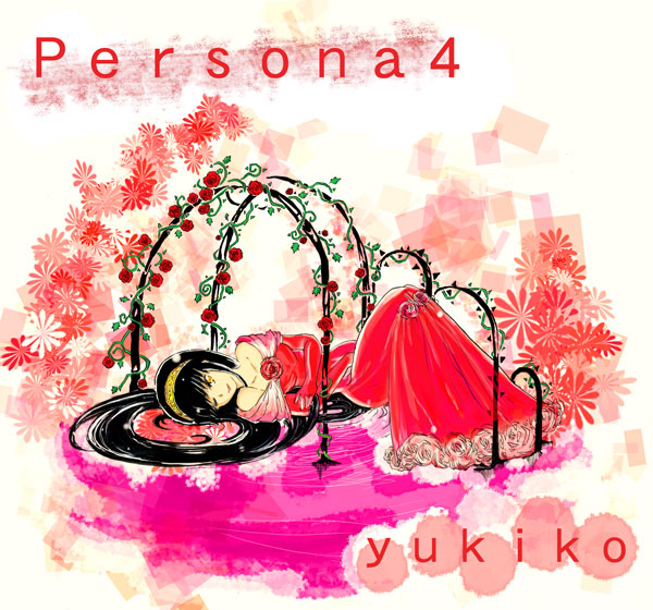 arii, amagi yukiko, shadow yukiko, atlus, persona, persona 4, bad id, bad pixiv id, 1girl, black hair, dress, female focus, flower, long hair, lying, one eye closed, plant, rose, solo, very long hair, vines, wink