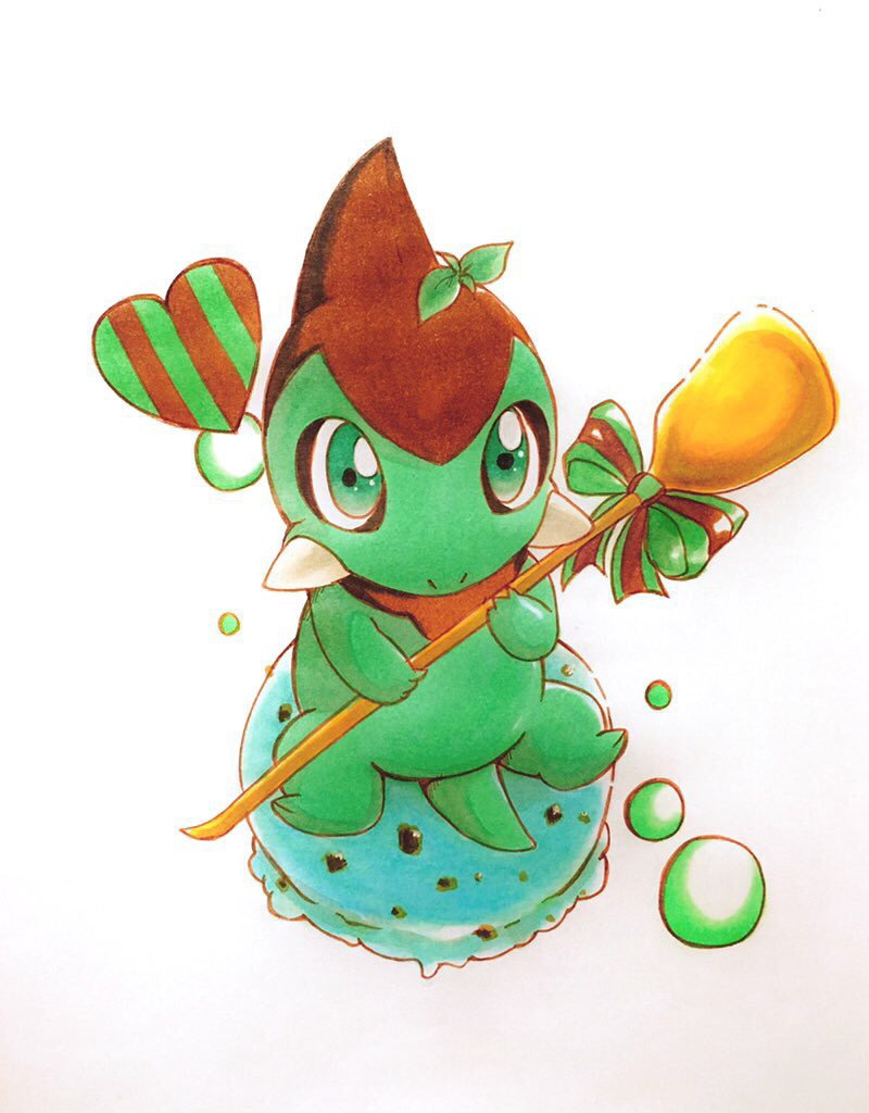 fy draw, axew, nintendo, pokemon, commentary request, traditional media, alternate color, bow, food, full body, gen 5 pokemon, green eyes, heart, holding, holding spoon, macaron, mint chocolate, no humans, nostrils, pokemon (creature), simple background, sitting, solo, spoon, striped bow, white background