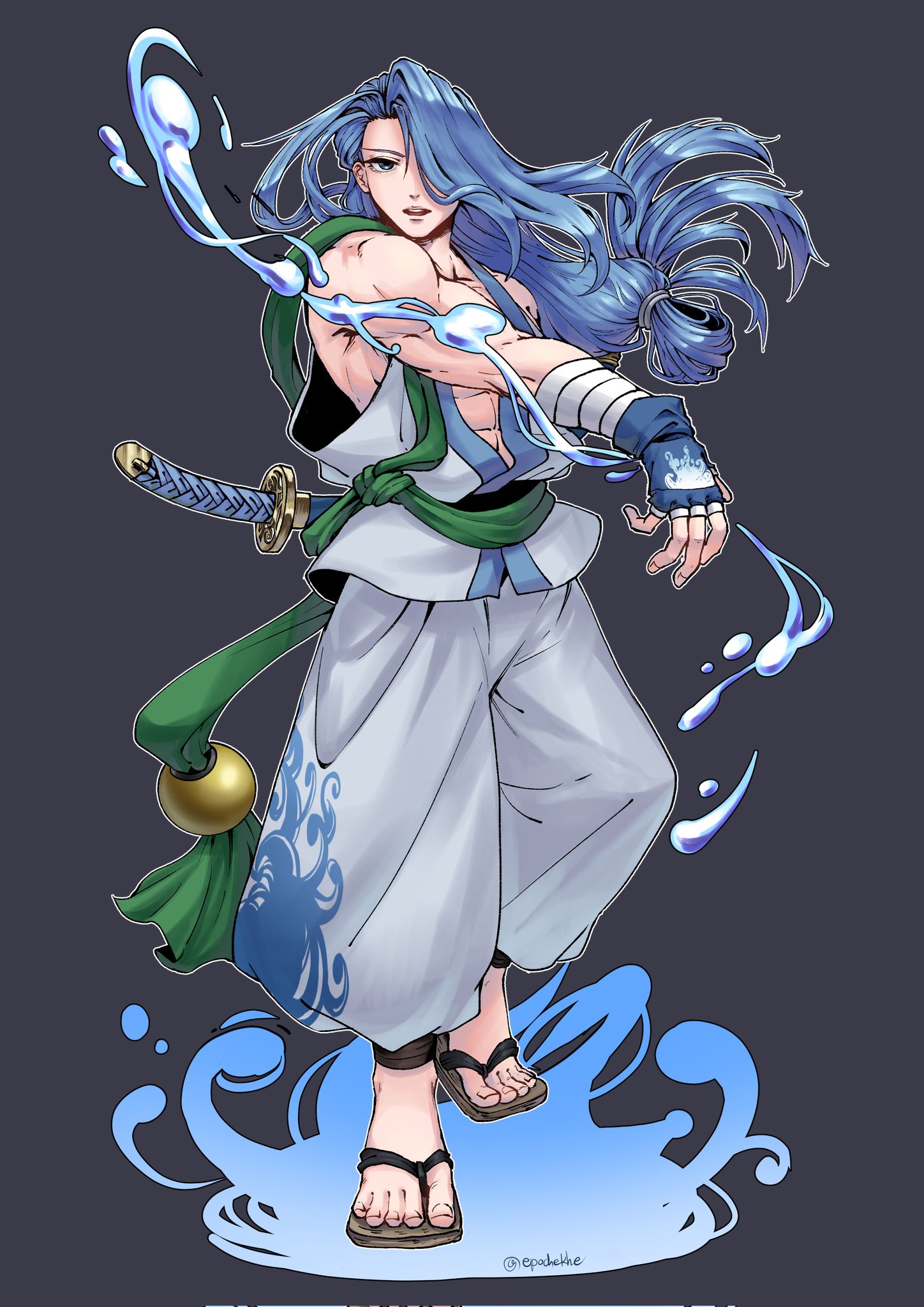 kazama sougetsu, samurai spirits, highres, 1boy, blue eyes, blue gloves, blue hair, dougi, epochekhe, fingerless gloves, folded ponytail, gloves, hair over one eye, hydrokinesis, long hair, looking at viewer, low ponytail, male focus, muscular, muscular male, open mouth, ponytail, sandals, sheath, sheathed, solo, teeth, upper teeth only, water, white dougi