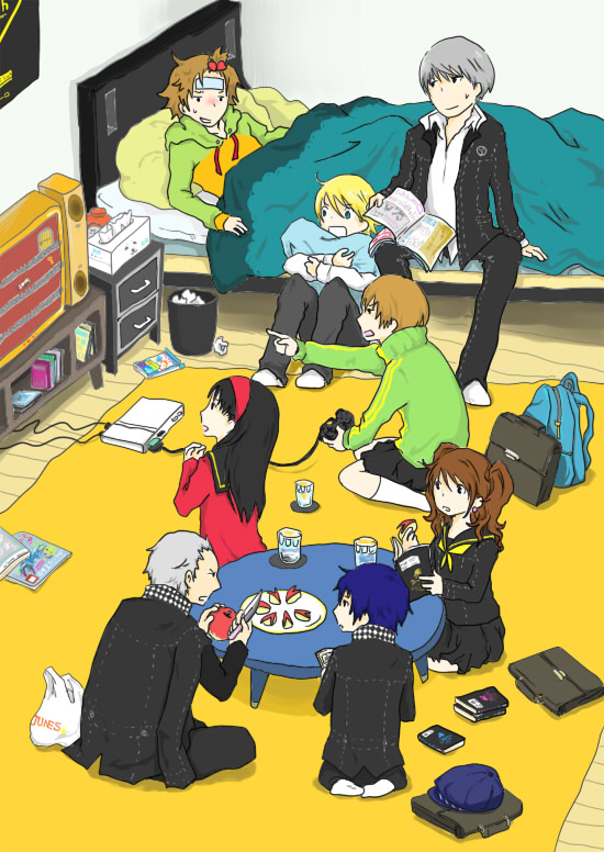 indosou, jyako (bara-myu), some (pixiv179616), amagi yukiko, hanamura yousuke, kujikawa rise, kuma (persona 4), narukami yu, satonaka chie, shirogane naoto, tatsumi kanji, atlus, persona, persona 4, silver hair, 4boys, 4girls, bed, black skirt, blanket, blue hair, eating, food, full body, hat, jacket, long sleeves, miniskirt, multiple boys, multiple girls, newsboy cap, on bed, playing games, red hair, seiza, sitting, skirt, slice of life, table, track jacket, twintails, unworn hat, unworn headwear, video game, waking up