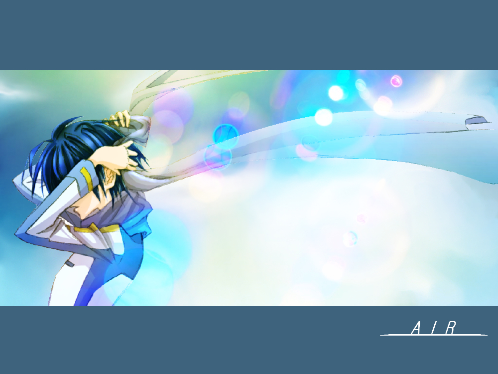 kotoko (bonne-chance), kotoko (pixiv187451), kaito (vocaloid), air (visual novel), vocaloid, bad id, bad pixiv id, 1boy, blue hair, from side, male focus, parody, scarf, short hair, solo