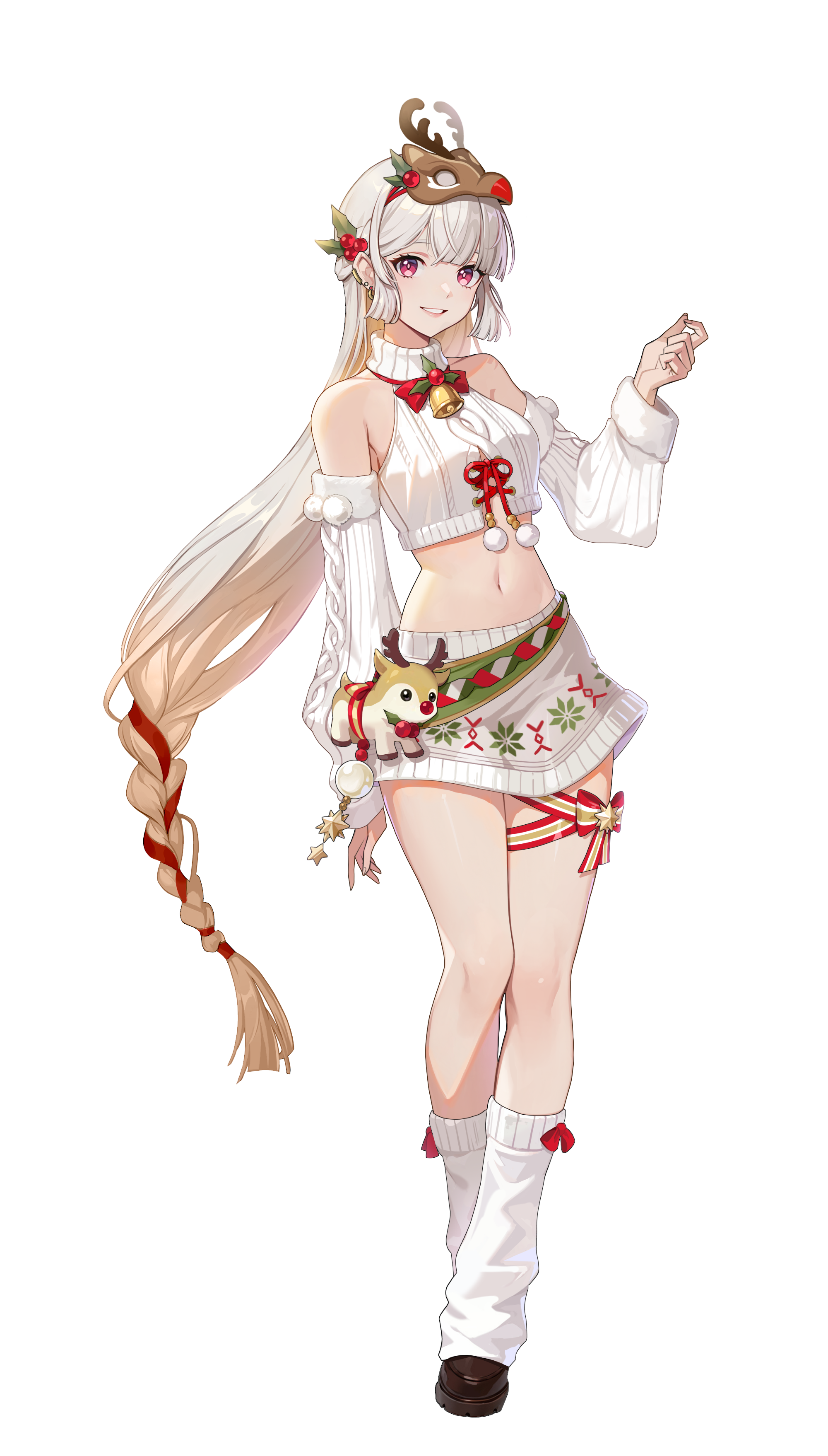 amamiya mirei, solo leveling, solo leveling: arise, absurdres, highres, official art, 1girl, brown shoes, christmas, cropped sweater, detached sleeves, full body, full moon, long hair, looking at viewer, midriff, miniskirt, moon, navel, official alternate costume, pink eyes, shoes, skirt, sleeveless, sleeveless sweater, socks, solo, sweater, white skirt, white sleeves, white socks, white sweater