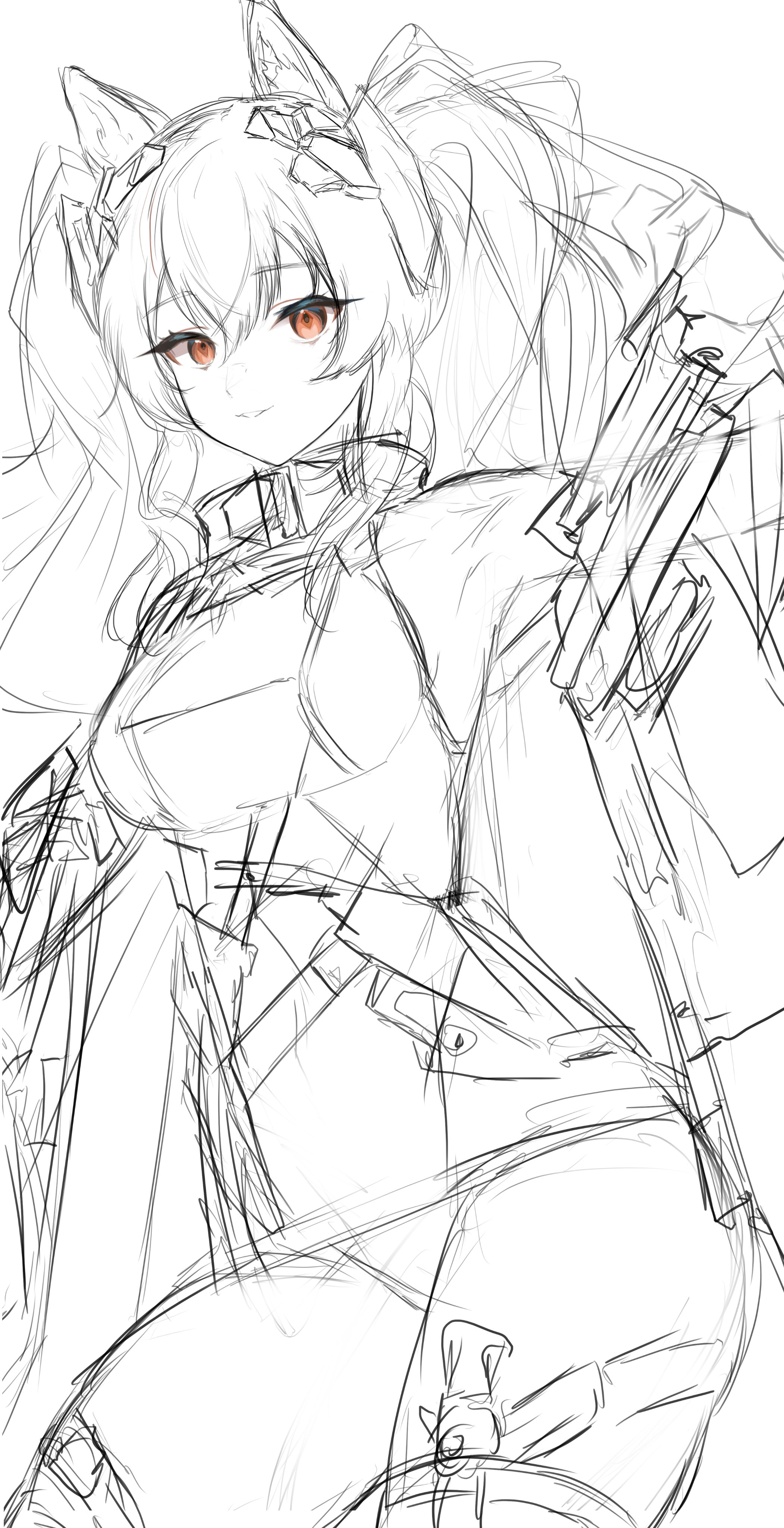 nopetroto, angelina (arknights), gilberta (arknights), arknights, arknights: endfield, absurdres, highres, 1girl, animal ears, armpits, bare shoulders, breasts, closed mouth, diamond-shaped pupils, diamond (shape), dot nose, dress, dutch angle, fox ears, fox girl, hair between eyes, headgear, high collar, long hair, long sleeves, looking at viewer, medium breasts, monochrome, orange eyes, panties, short dress, simple background, sketch, smile, solo, spot color, symbol-shaped pupils, thighhighs, twintails, underwear, upskirt, white background