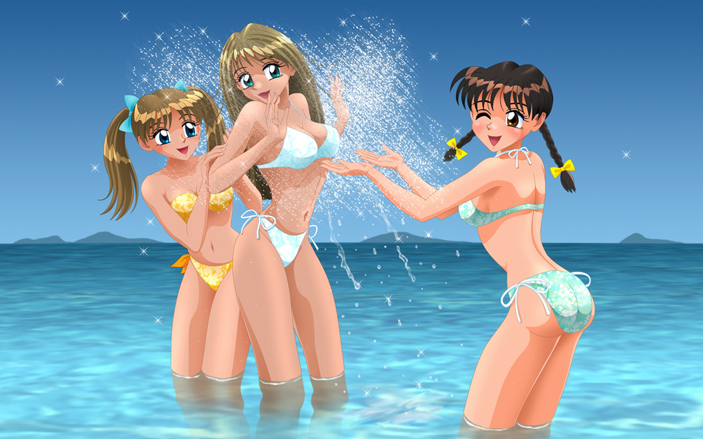 shoushou, bad id, bad pixiv id, 3girls, beach, bikini, blue eyes, braid, brown eyes, brown hair, day, long hair, multiple girls, one eye closed, outdoors, splashing, swimsuit, twin braids, twintails, wading, water, wink