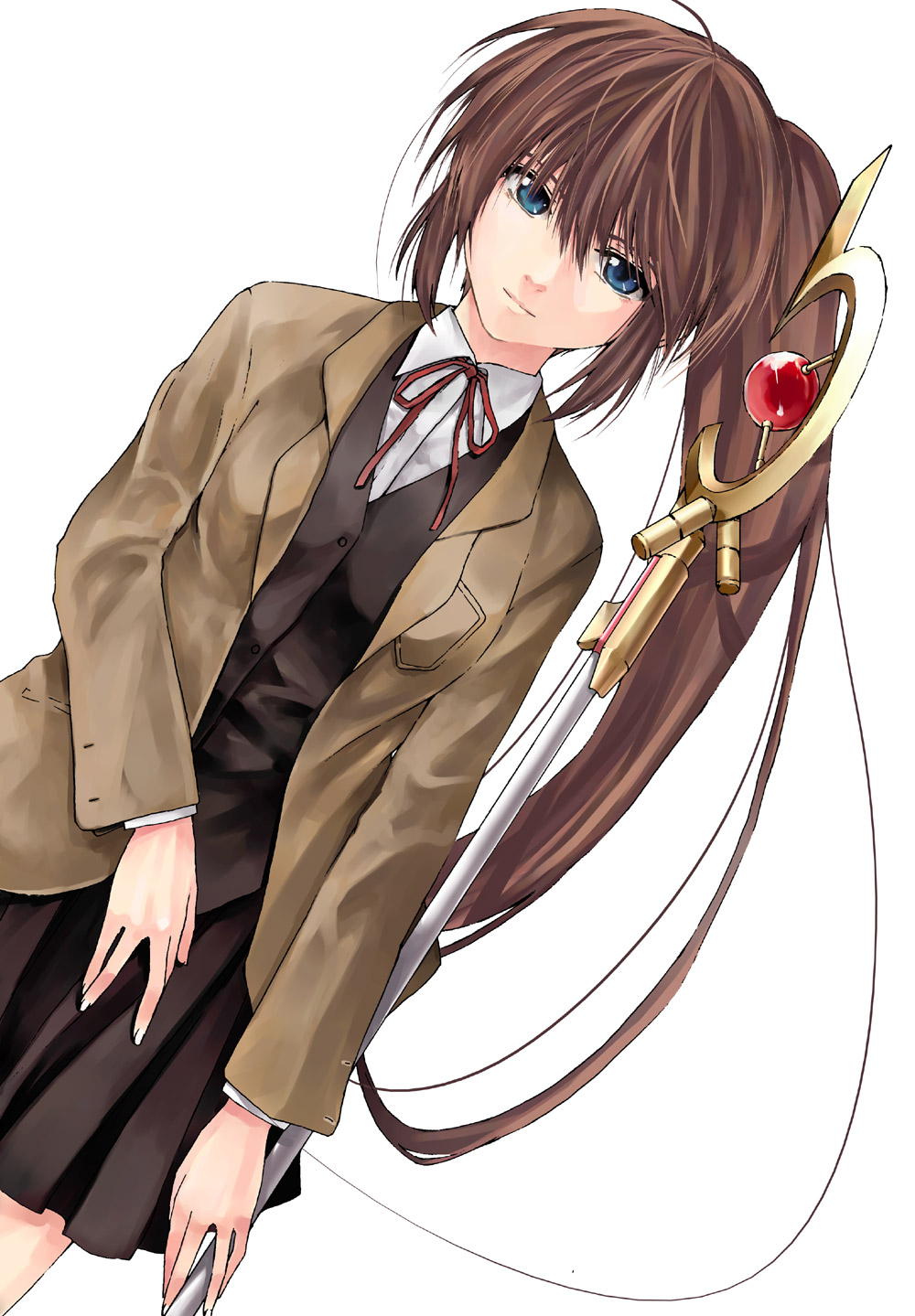 raid slash, raising heart, raising heart (accel mode), takamachi nanoha, lyrical nanoha, mahou shoujo lyrical nanoha, mahou shoujo lyrical nanoha a's, mahou shoujo lyrical nanoha strikers, highres, 00s, blue eyes, brown hair, long hair, school uniform, side ponytail, skirt, solo