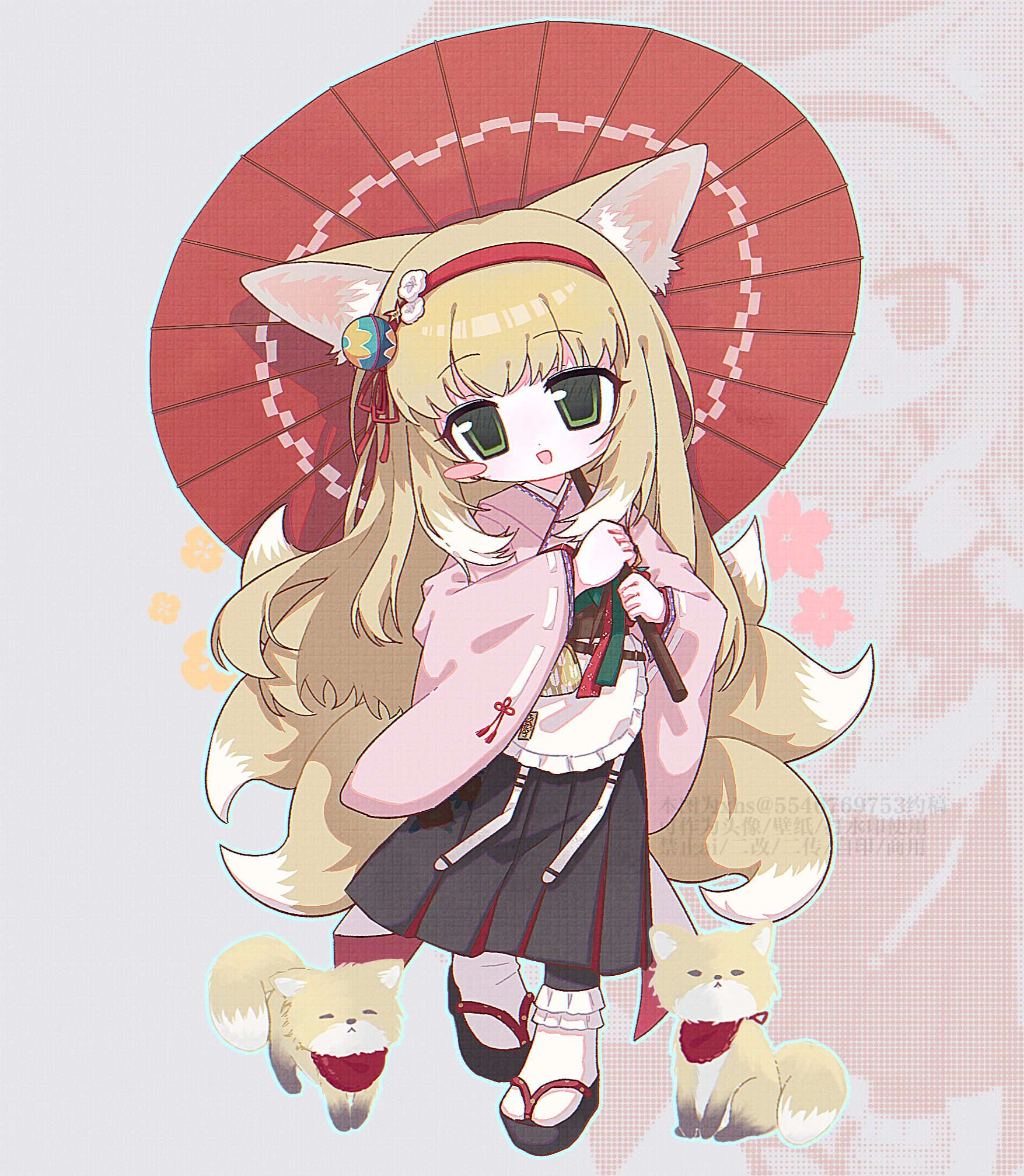 suzuran (arknights), suzuran (yukibare) (arknights), arknights, chinese commentary, commentary request, commission, highres, second-party source, 1girl, animal ears, apron, black hakama, blonde hair, blush stickers, bobby socks, flower, fox, fox ears, fox girl, fox tail, frilled apron, frills, green eyes, hair flower, hair ornament, hairband, hakama, hakama skirt, holding, holding umbrella, japanese clothes, kimono, kitsune, kyuubi, long hair, long sleeves, looking at viewer, multiple tails, official alternate costume, oil-paper umbrella, okobo, open mouth, pianmu chu, pink kimono, platform sandals, red hairband, red umbrella, sandals, skirt, socks, solo, tail, umbrella, watermark, white apron, white socks, wide sleeves, zoom layer