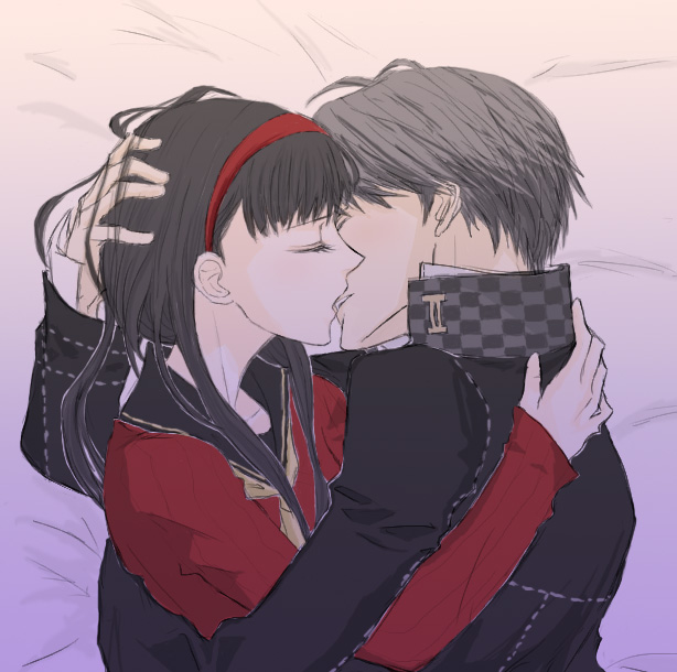 gogono pan'ya, amagi yukiko, narukami yu, atlus, persona, persona 4, 1boy, 1girl, couple, hetero, hug, kiss