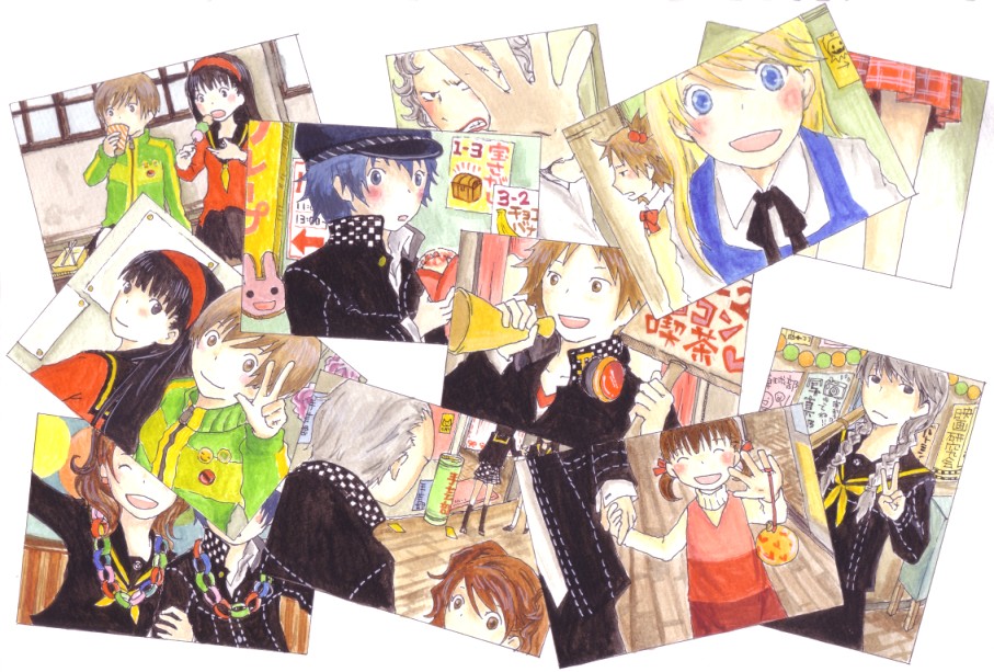 jyako (bara-myu), some (pixiv179616), amagi yukiko, doujima nanako, hanamura yousuke, kujikawa rise, kuma (persona 4), narukami yu, satonaka chie, shirogane naoto, tatsumi kanji, atlus, persona, persona 4, traditional media, 4boys, 5girls, androgynous, black hair, blue hair, blush, brown hair, crossdressing, gakuran, hairband, headphones, headphones around neck, long hair, long sleeves, looking at viewer, multiple boys, multiple girls, photo (object), reverse trap, school uniform, very long hair