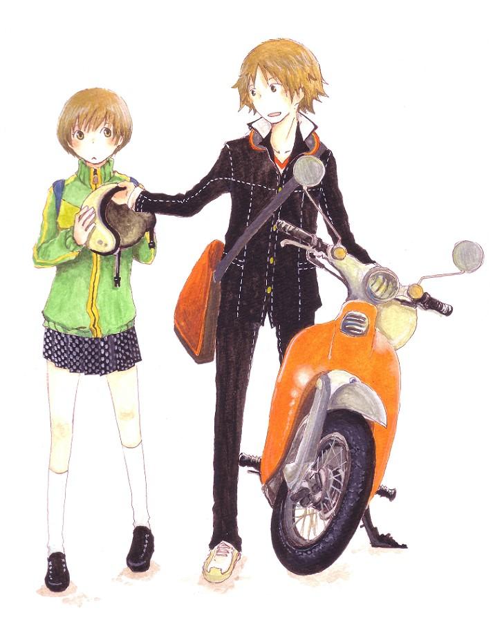 jyako (bara-myu), some (pixiv179616), hanamura yousuke, satonaka chie, atlus, persona, persona 4, vehicle, 1boy, 1girl, :<, bag, brown eyes, brown hair, helmet, jacket, kneehighs, motor vehicle, open mouth, pleated skirt, scooter, short hair, skirt, socks, track jacket, white background, white socks