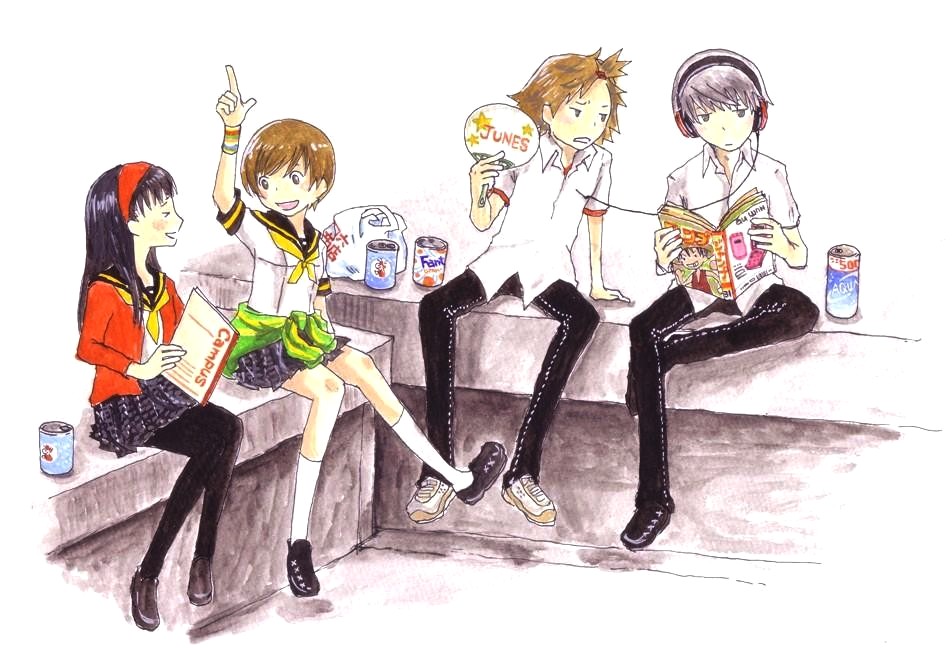 jyako (bara-myu), some (pixiv179616), amagi yukiko, hanamura yousuke, monkey d. luffy, narukami yu, satonaka chie, atlus, one piece, persona, persona 4, bad id, bad pixiv id, 2boys, 2girls, headphones, multiple boys, multiple girls, pantyhose, school uniform