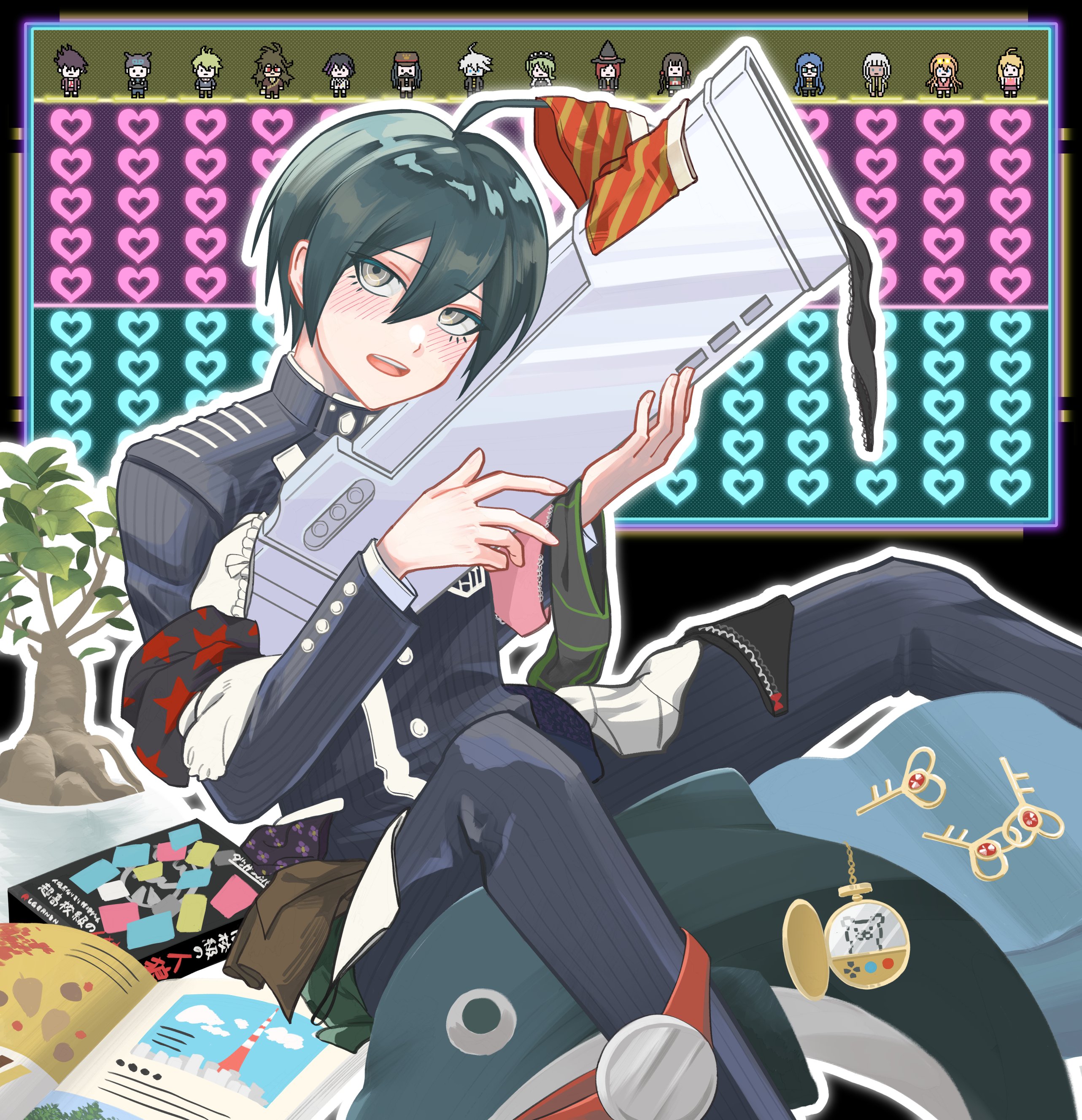 moi (arararcrc), akamatsu kaede, amami rantaro, gokuhara gonta, harukawa maki, hoshi ryoma, iruma miu, k1-b0, momota kaito, oma kokichi, saihara shuichi, shinguji korekiyo, shirogane tsumugi, tojo kirumi, yonaga angie, yumeno himiko, danganronpa (series), danganronpa v3: killing harmony, absurdres, commentary, highres, 1boy, ahoge, black hair, black jacket, blush, brown eyes, buttons, chart, collared jacket, eyelashes, hair between eyes, holding, holding weapon, jacket, key, long sleeves, looking at viewer, lower eyelashes only, male focus, open mouth, outline, panties, pants, pinstripe jacket, pinstripe pants, pinstripe pattern, pixel art, short hair, smile, solo, sprite, striped clothes, stuffed animal, stuffed toy, underwear, unworn panties, vertical-striped sleeves, weapon