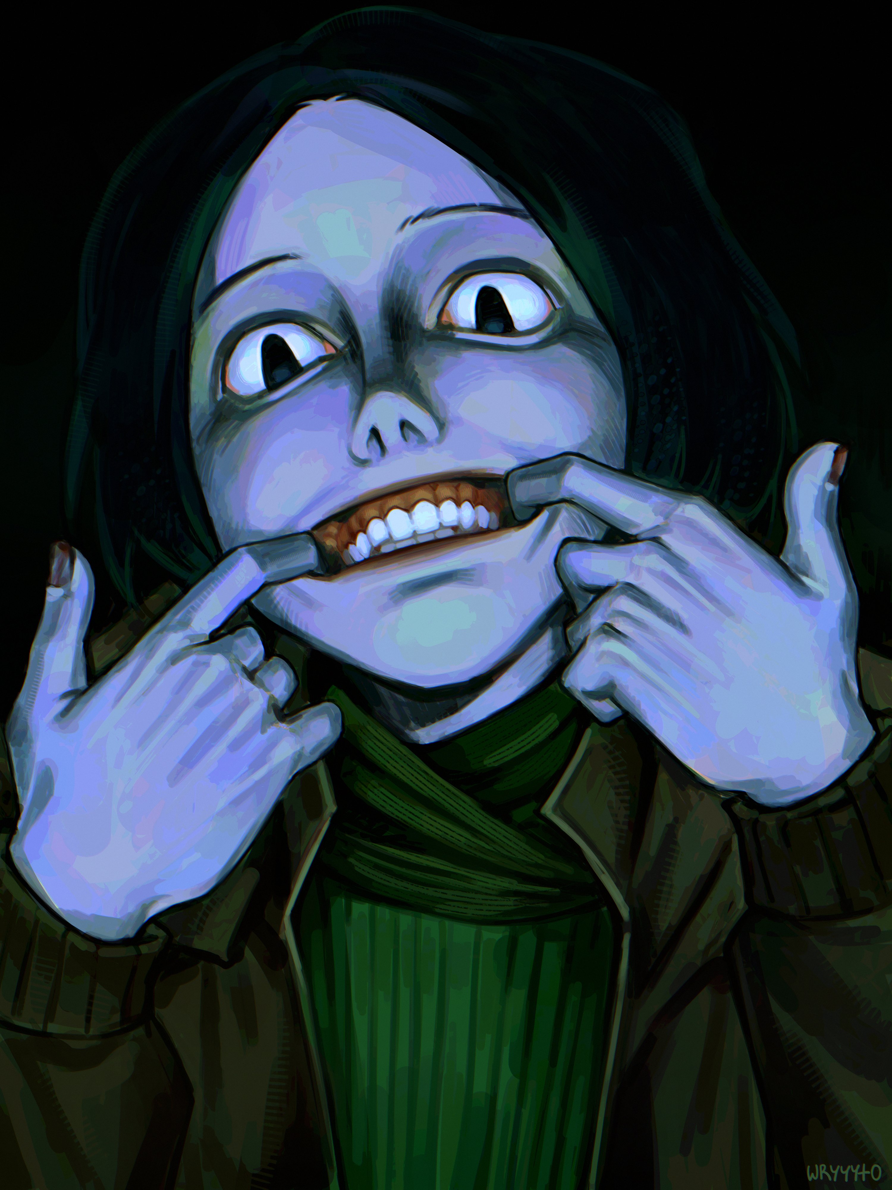 wryyyto, coat guy (no i'm not a human), no i'm not a human, absurdres, commentary, english commentary, highres, 1boy, black background, black eyes, black hair, blank stare, bob cut, brown jacket, colored skin, expressionless, finger in own mouth, from behind, green sweater, grey skin, hands up, jacket, long sleeves, male focus, missing fingernails, open clothes, open jacket, parted bangs, portrait, raised eyebrows, realistic teeth, ribbed sweater, solo, sweater, teeth, twitter username, underlighting