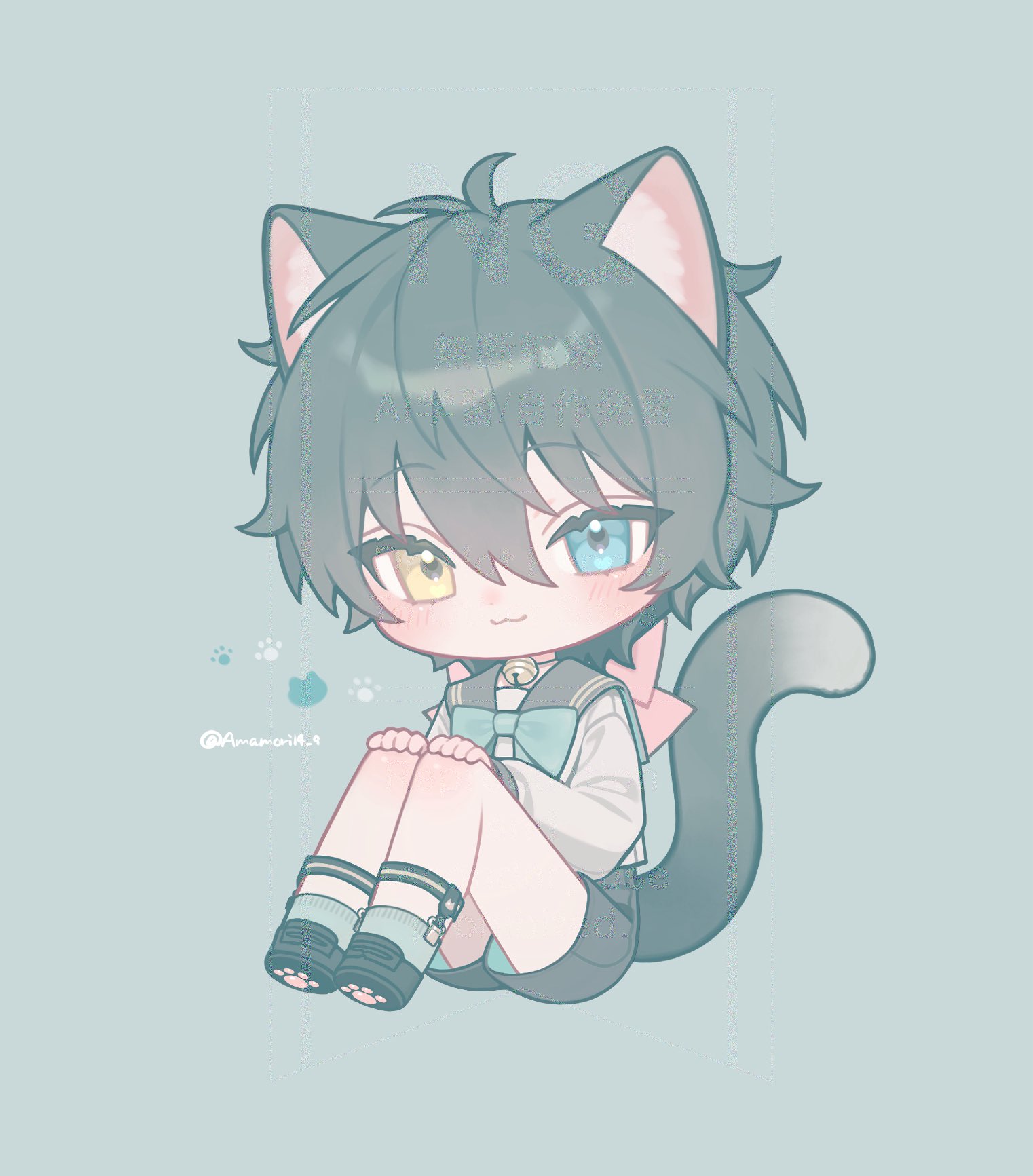 kagehira mika, ensemble stars!, commentary request, highres, 1boy, :3, amamori14 9, animal ear fluff, animal ears, artist name, bell, black sailor collar, black shoes, black shorts, blue bow, blue bowtie, blue eyes, blush, bow, bow choker, bowtie, cat boy, cat ears, cat tail, chibi, chibi only, choker, closed mouth, full body, green background, green hair, grey socks, hair between eyes, heterochromia, kemonomimi mode, legwear garter, long sleeves, looking at viewer, male focus, neck bell, pink choker, sailor collar, shirt, shoes, short hair, shorts, simple background, sitting, smile, socks, solo, tail, white shirt, yellow eyes