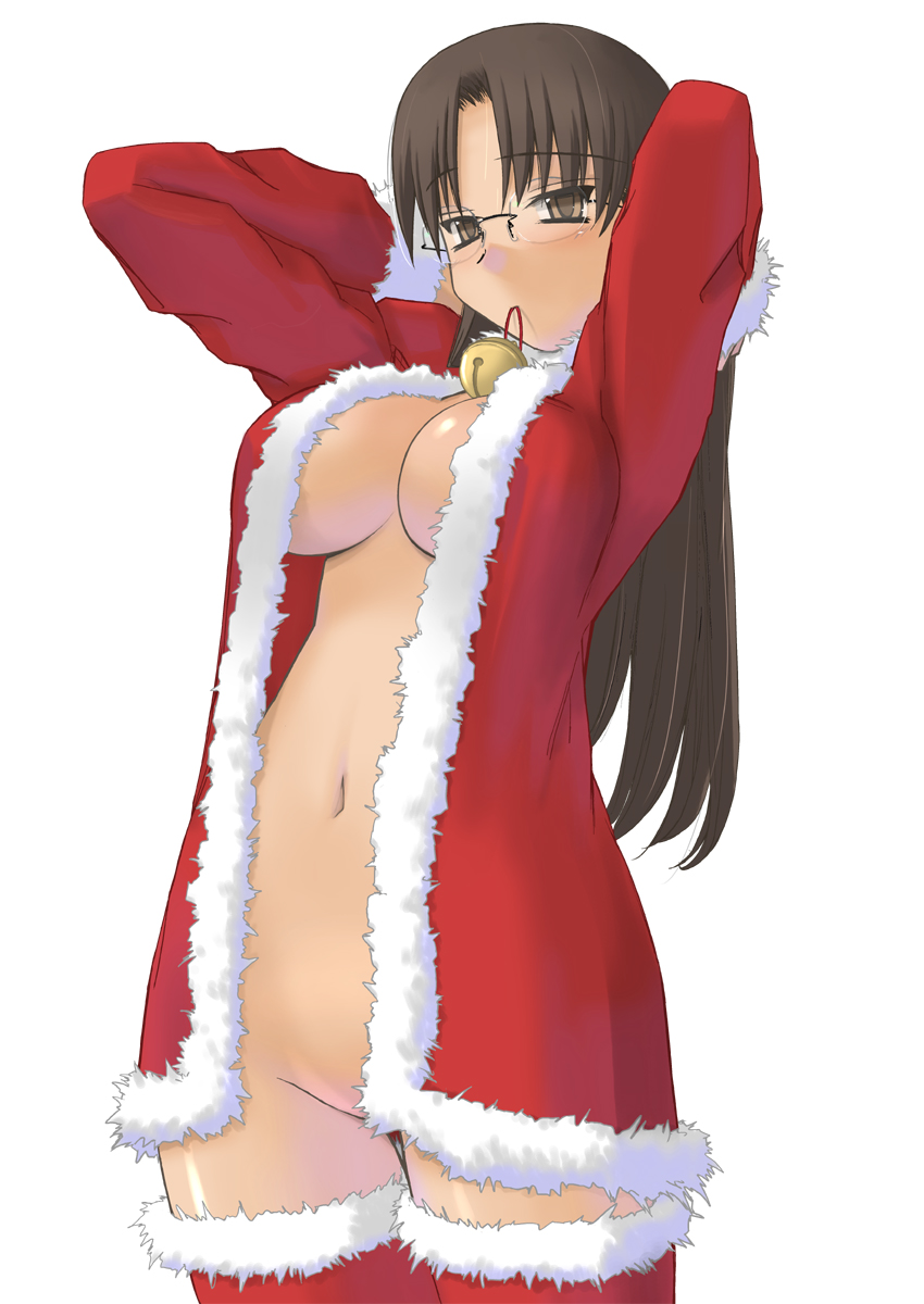 tsuina, hoshina tomoko, to heart, to heart (series), highres, 1girl, adjusting hair, arms up, bell, belly, bottomless, breasts, brown eyes, brown hair, censored, christmas, convenient censoring, female focus, glasses, long hair, mouth hold, navel, no bra, no panties, open clothes, santa costume, solo, thighhighs
