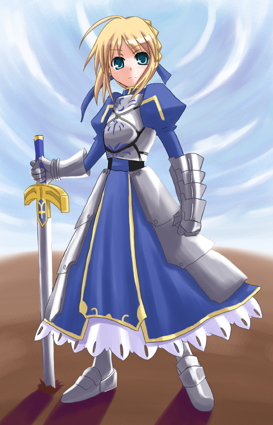 towamin, artoria pendragon (fate), saber (fate), fate/stay night, fate (series), 00s, armor, blonde hair, excalibur (fate/stay night), green eyes, solo, sword, weapon