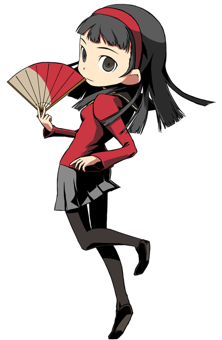 c (neta), magukappu, amagi yukiko, atlus, etrian odyssey, persona, persona 4, 1girl, black eyes, black hair, black pantyhose, blunt bangs, chibi, female focus, folding fan, hand fan, hime cut, loafers, long hair, pantyhose, parody, pleated skirt, sailor collar, school uniform, serafuku, shoes, skirt, solo, white background
