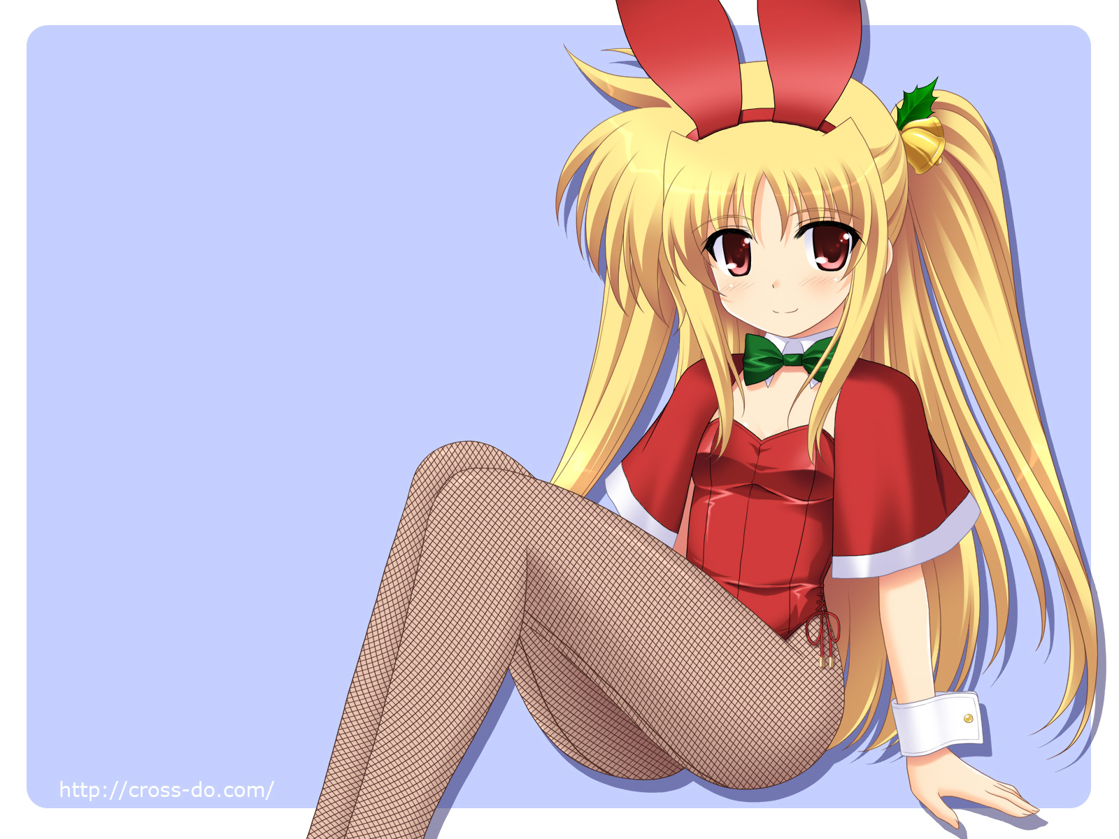 masakichi (crossroad), fate testarossa, lyrical nanoha, mahou shoujo lyrical nanoha, mahou shoujo lyrical nanoha a's, highres, 00s, 1girl, animal ears, bell, blonde hair, blue background, blush, capelet, christmas, detached collar, fake animal ears, female focus, fishnet pantyhose, fishnets, hair bell, hair ornament, looking at viewer, pantyhose, playboy bunny, rabbit ears, red eyes, simple background, smile, solo, twintails, two side up, watermark, web address