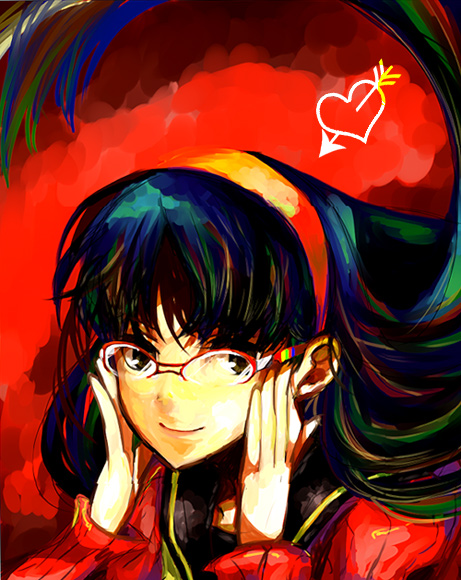 houhou (black lack), amagi yukiko, atlus, persona, persona 4, bad id, bad pixiv id, 1girl, adjusting eyewear, black eyes, black hair, cardigan, closed mouth, female focus, floating hair, glasses, hairband, hands on own cheeks, hands on own face, long hair, long sleeves, looking at viewer, over-rim eyewear, red-framed eyewear, red background, school uniform, semi-rimless eyewear, serafuku, smile, solo, upper body, very long hair