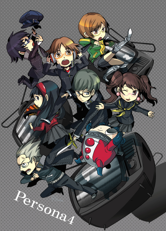 himuka roko, roko (artist), amagi yukiko, hanamura yousuke, kujikawa rise, kuma (persona 4), narukami yu, satonaka chie, shirogane naoto, tatsumi kanji, atlus, persona, persona 4, bad id, bad pixiv id, 3boys, 4girls, chibi, glasses, multiple boys, multiple girls, sword, weapon