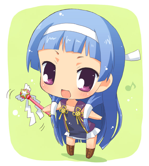 hahifuhe, nagi, kannagi, 00s, blue hair, blunt bangs, boots, brown boots, chibi, hairband, long hair, musical note, purple eyes, solo, wand