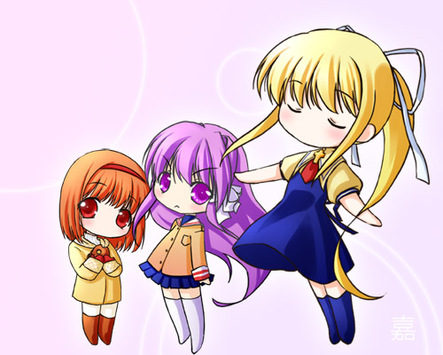nekito, fujibayashi kyou, kamio misuzu, tsukimiya ayu, air (visual novel), clannad, kanon, key (company), lowres, 00s, 3girls, blonde hair, chibi, closed eyes, company connection, crossover, food, hair ribbon, hairband, long hair, multiple girls, orange hair, purple eyes, purple hair, red eyes, ribbon, school uniform, short hair, taiyaki, thighhighs, wagashi
