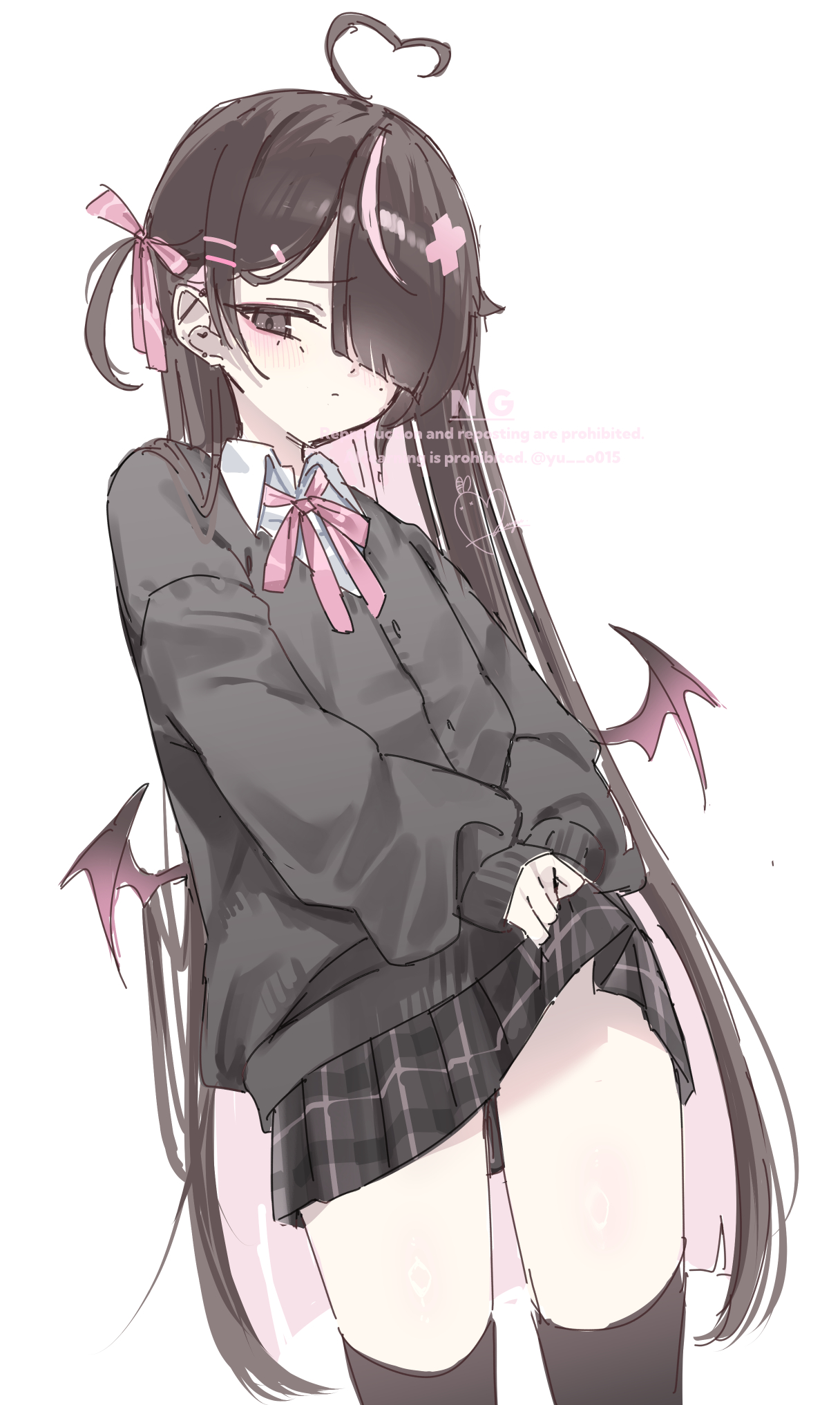 yu o015, original, commentary request, highres, 1girl, ahoge, black eyes, black hair, black jacket, black skirt, black thighhighs, blush, closed mouth, clothes lift, cowboy shot, demon wings, hair ornament, hair over one eye, hair ribbon, hairclip, heart, heart ahoge, jacket, long hair, long sleeves, looking at viewer, miniskirt, one eye covered, parallel hairclips, parted bangs, pink ribbon, ribbon, simple background, skirt, skirt lift, sleeves past wrists, solo, thighhighs, watermark, white background, wings, x hair ornament