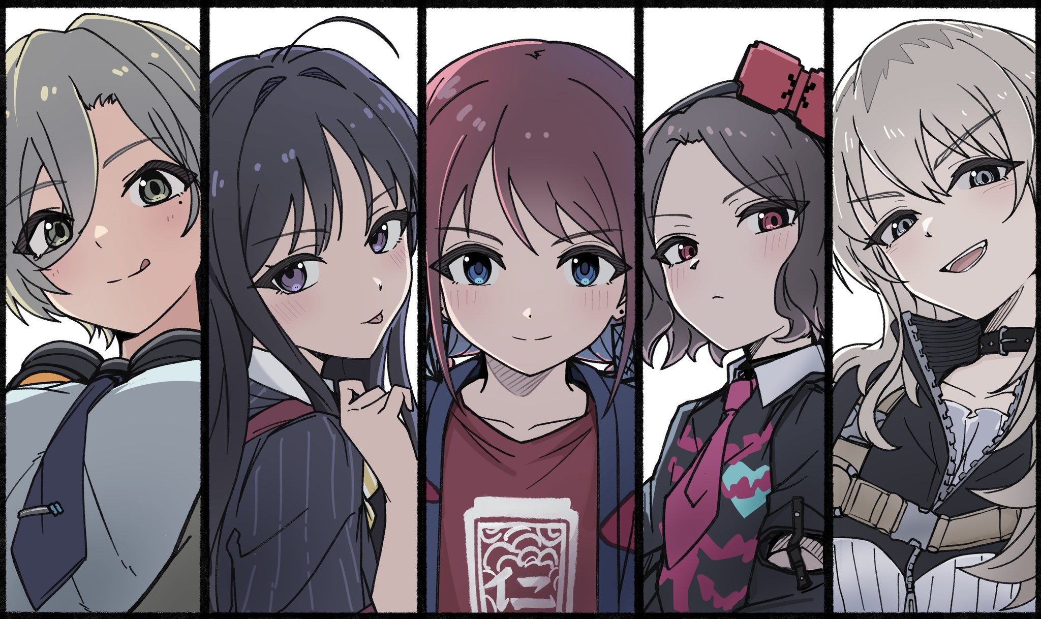 n nai nai n, awa subaru, ebizuka tomo, iseri nina, kawaragi momoka, rupa (girls band cry), girls band cry, commentary, hashtag-only commentary, highres, 5girls, ahoge, black choker, black hairband, black kimono, black sweater, blue eyes, blue hair, blue necktie, brown eyes, brown hair, choker, closed mouth, column lineup, detached sleeves, goggles, goggles around neck, grey hair, hair between eyes, hairband, japanese clothes, kimono, kuuhaku to catharsis, licking lips, long hair, long hair between eyes, multicolored hair, multiple girls, necktie, open mouth, pink necktie, purple eyes, red eyes, red shirt, roots (hair), shirt, short hair, sweater, teeth, tie clip, togenashi togeari, tongue, tongue out, white shirt, zipper