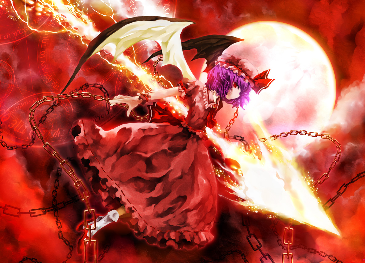 mikihiro, remilia scarlet, touhou, 1girl, bat wings, chain, female focus, fire, hat, magic circle, moon, purple hair, red eyes, red theme, short hair, solo, spear the gungnir, wings