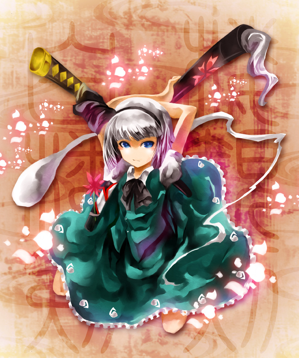 mikihiro, konpaku youmu, konpaku youmu (ghost), touhou, silver hair, bad id, bad pixiv id, 1girl, blue eyes, female focus, ghost, hairband, hitodama, katana, short hair, solo, sword, weapon