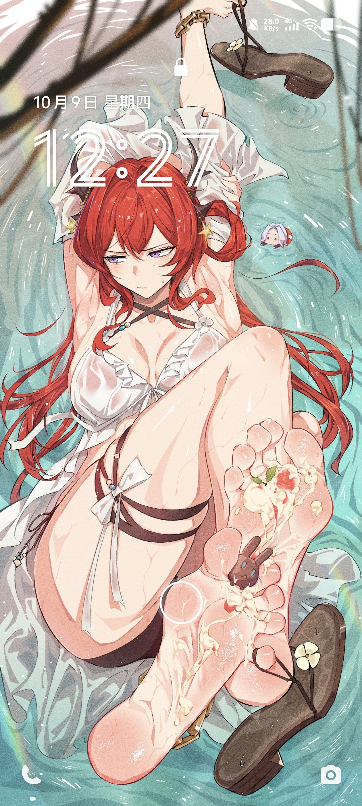 hao guangze yu, surtr (arknights), arknights, highres, 1girl, barefoot, between toes, chocolate, cream, feet, light blush, long hair, looking to the side, purple eyes, red hair, sandals, shoes, soles, toes, unworn sandals, unworn shoes