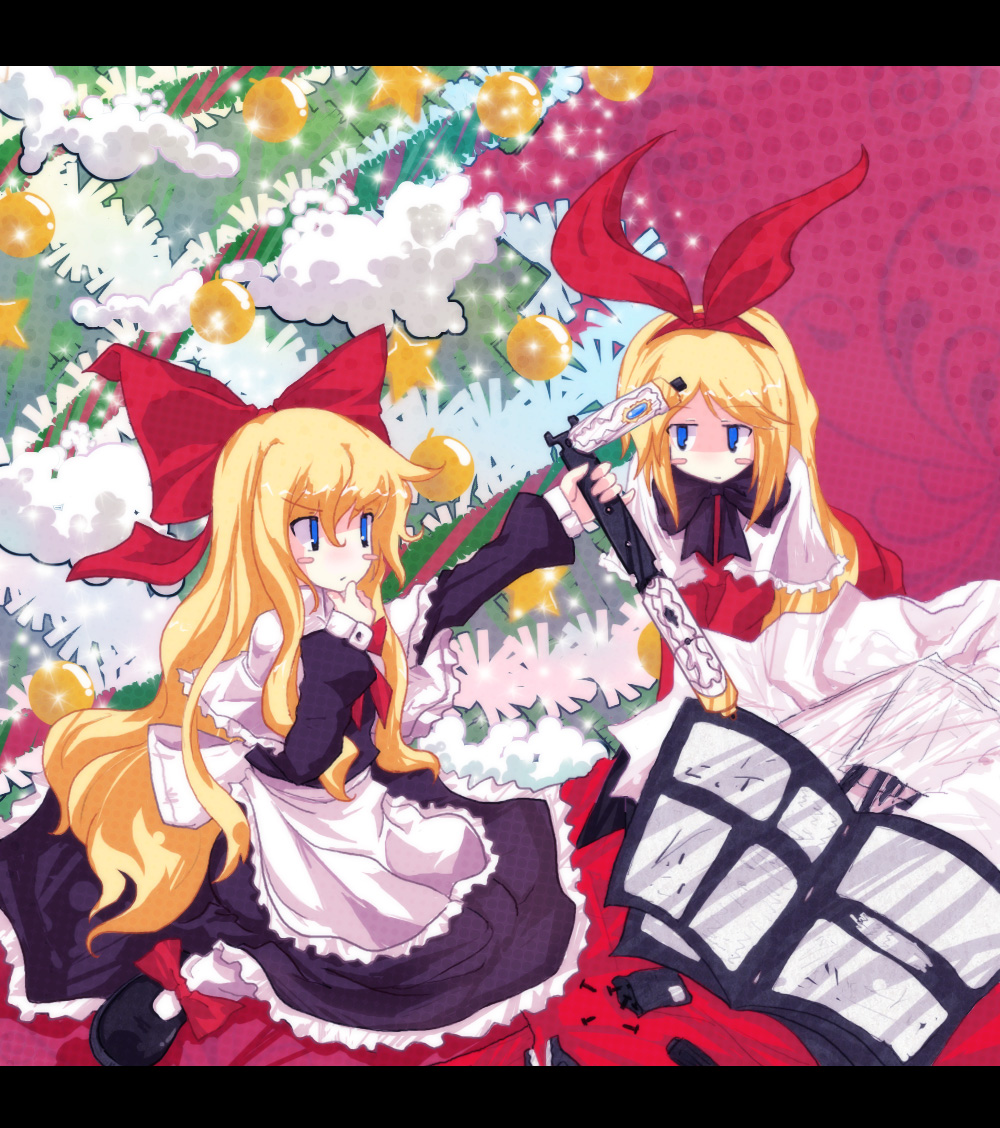 auer, hourai doll, shanghai doll, touhou, bad id, bad pixiv id, 2girls, blonde hair, blue eyes, christmas, female focus, letterboxed, multiple girls